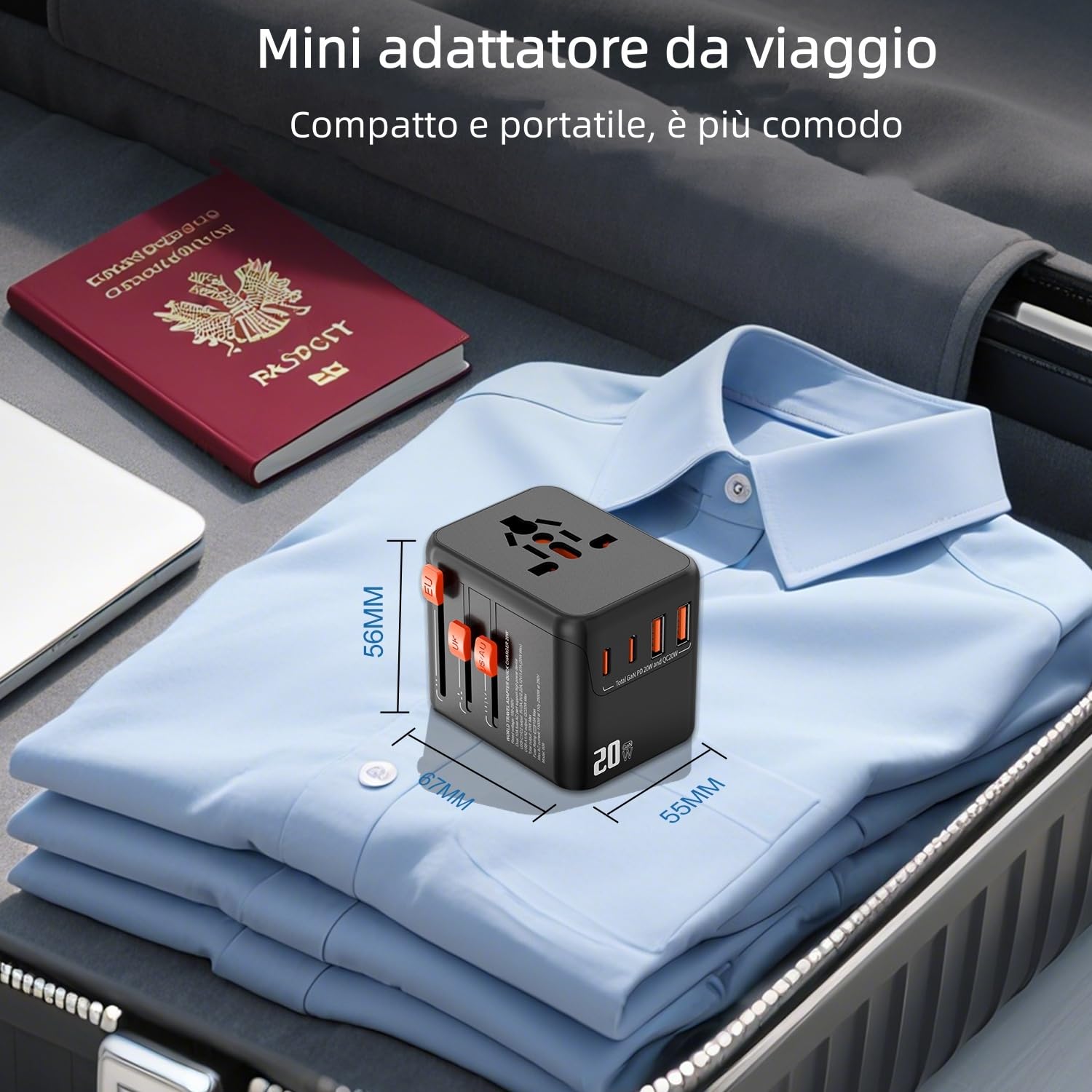 VAMAPOWO Adattatore Universale da Viaggio con 2 USB-C e 2 USB-A (PD 20W) — immagine 6 di 14