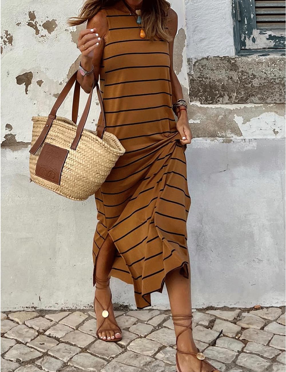 Size L AHAIJ Women's Striped Maxi Tank Dress Casual Summer Sleeveless Crewneck Split Beach Long Sun Dresses