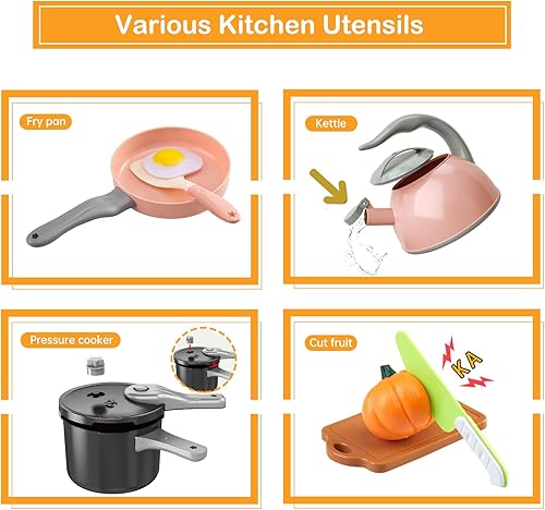 Miniatura 85 de Juego de cocina de 130 piezas, ollas de juego de cocina para niños, sartenes, utensilios de cocina, alimentos diarios, frutas y verduras, cesta