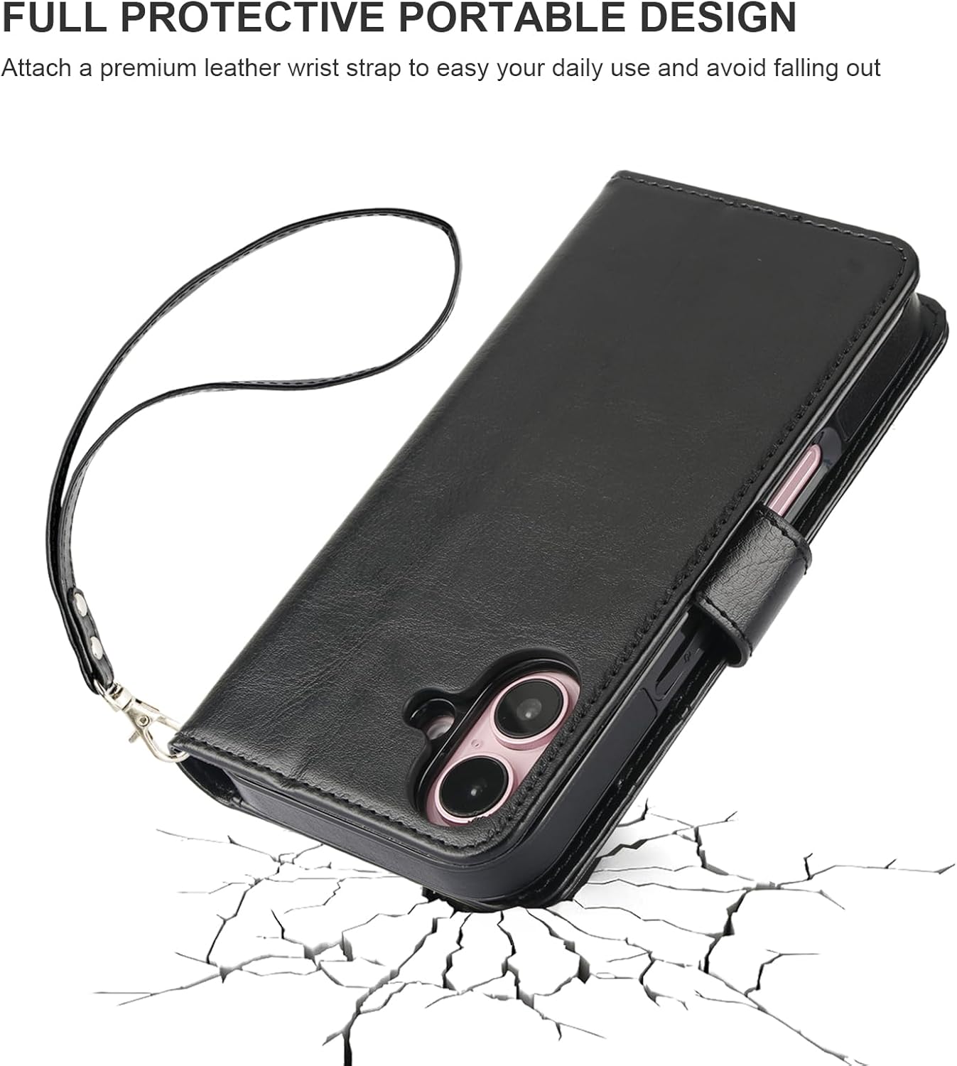 Bocasal for iPhone 16 Wallet Case Compatible with MagSafe Wireless Charging, RFID Blocking Magnetic Leather Case with Card Slots Holder Kickstand Detachable Wrist Strap 6.1 Inch (Black)