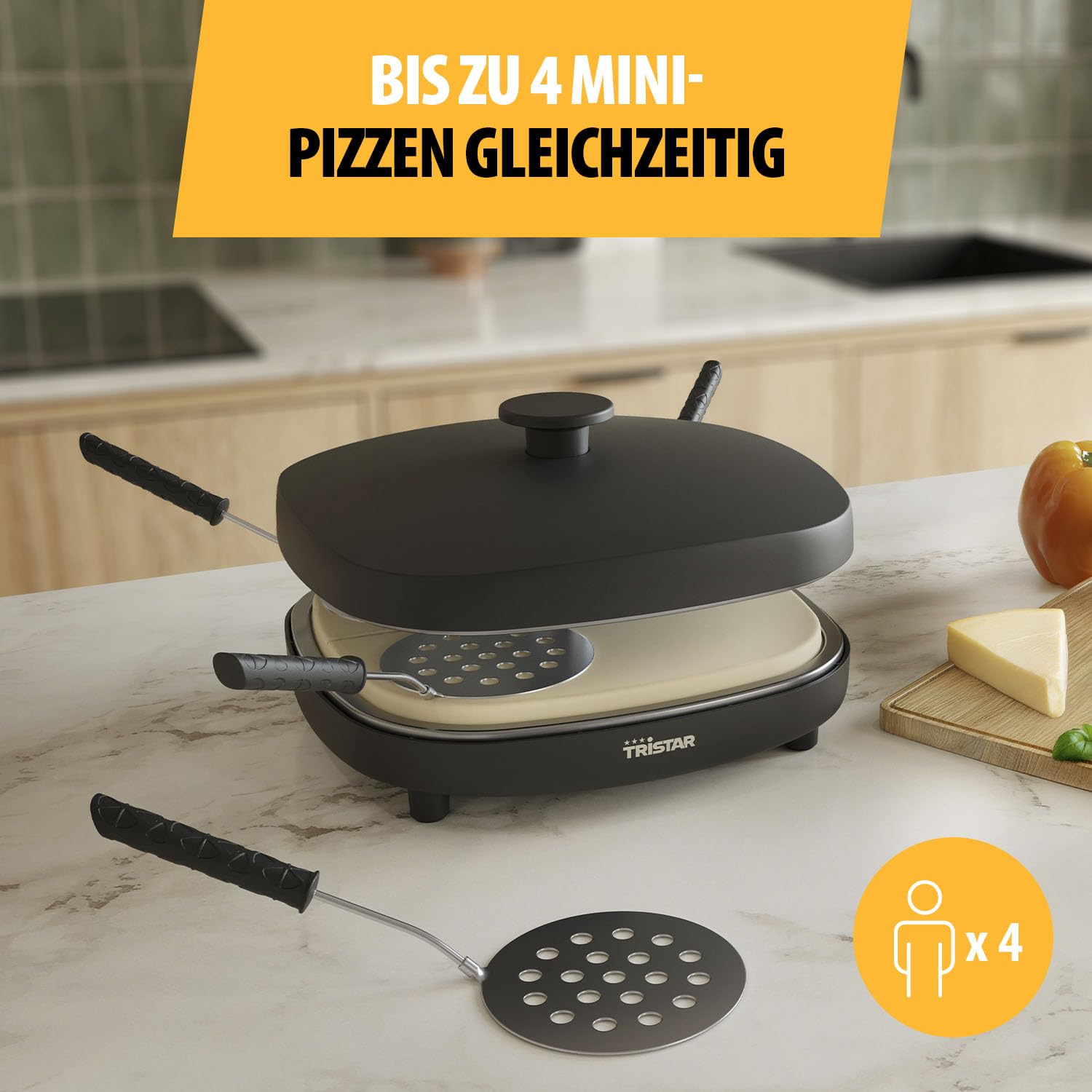 Tristar Pizza Family 4 Pizza Maker, 25x25 cm, 900 W, Für 4 Personen, PFAS-freie Keramikbeschichtung, Abnehmbare Platten, 4 Pizzaschaufeln & Teigschneider, PZ-9174