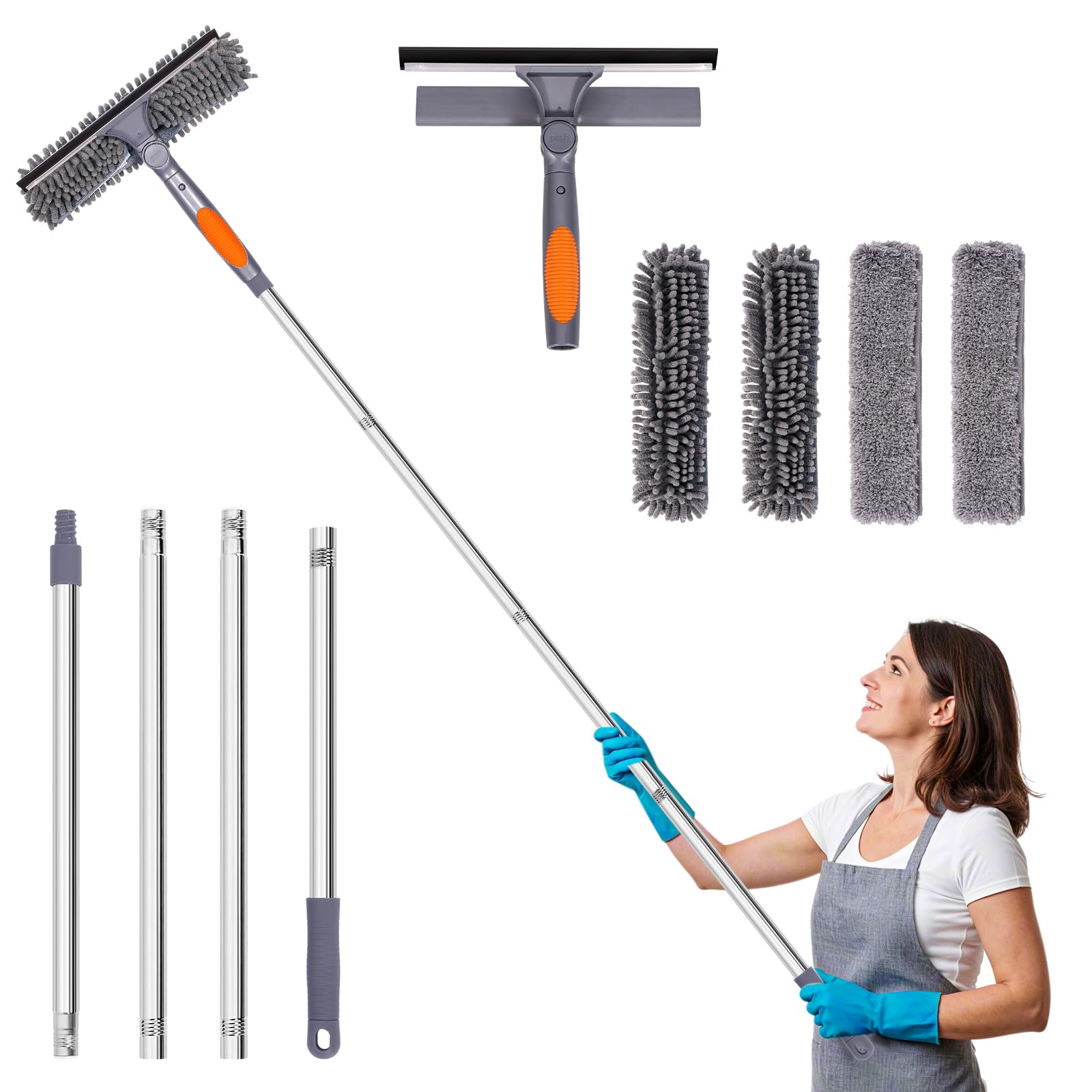 Window Washing Kit with Extension Pole, 73’’ Window Cleaning Squeegee Kit, 3 in 1 Window Cleaning Kit with 2 Microfiber Pads &amp; 2 Chenille Pads for Indoor Outdoor Windows