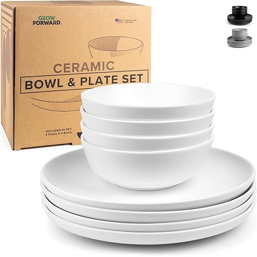 Grow Forward Porcelain Plates and Bowls Sets for 4 - Modern Aesthetic Ceramic Dinnerware Set - 4 Dinner Plates and 4 Dinner Bowls - Oven, Dishwasher & Microwave Safe Kitchen Dishes - Matte White