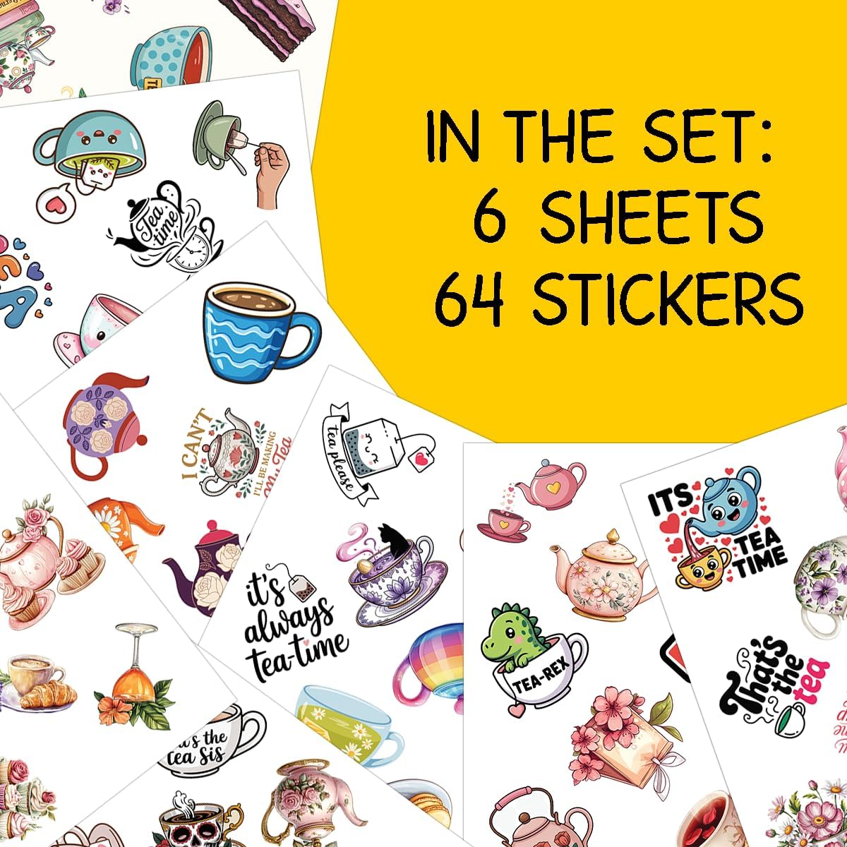 64PCS Tea Stickers, Cute Kawaii Cha Vinyl Decals for Laptop, Scrapbook, Journal, Teapot, Tea Cup Aesthetic Waterproof Sticker image 2