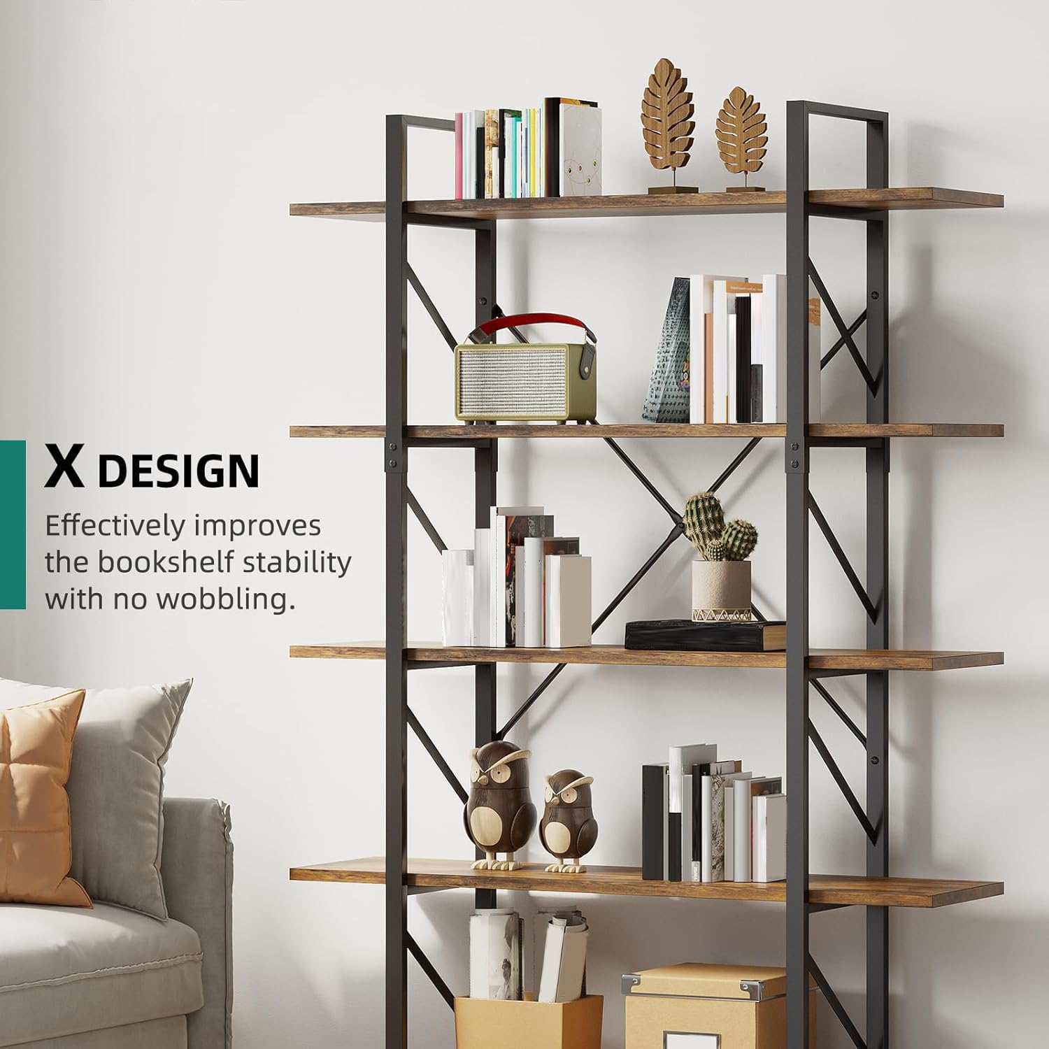 YITAHOME Libreria a 5 Livelli, Libreria Artistica Moderna, Scaffale per Libri, Scaffali in Soggiorno/Casa/Ufficio, Organizzatore Porta Libri per Libri/Film - Marrone Rustico