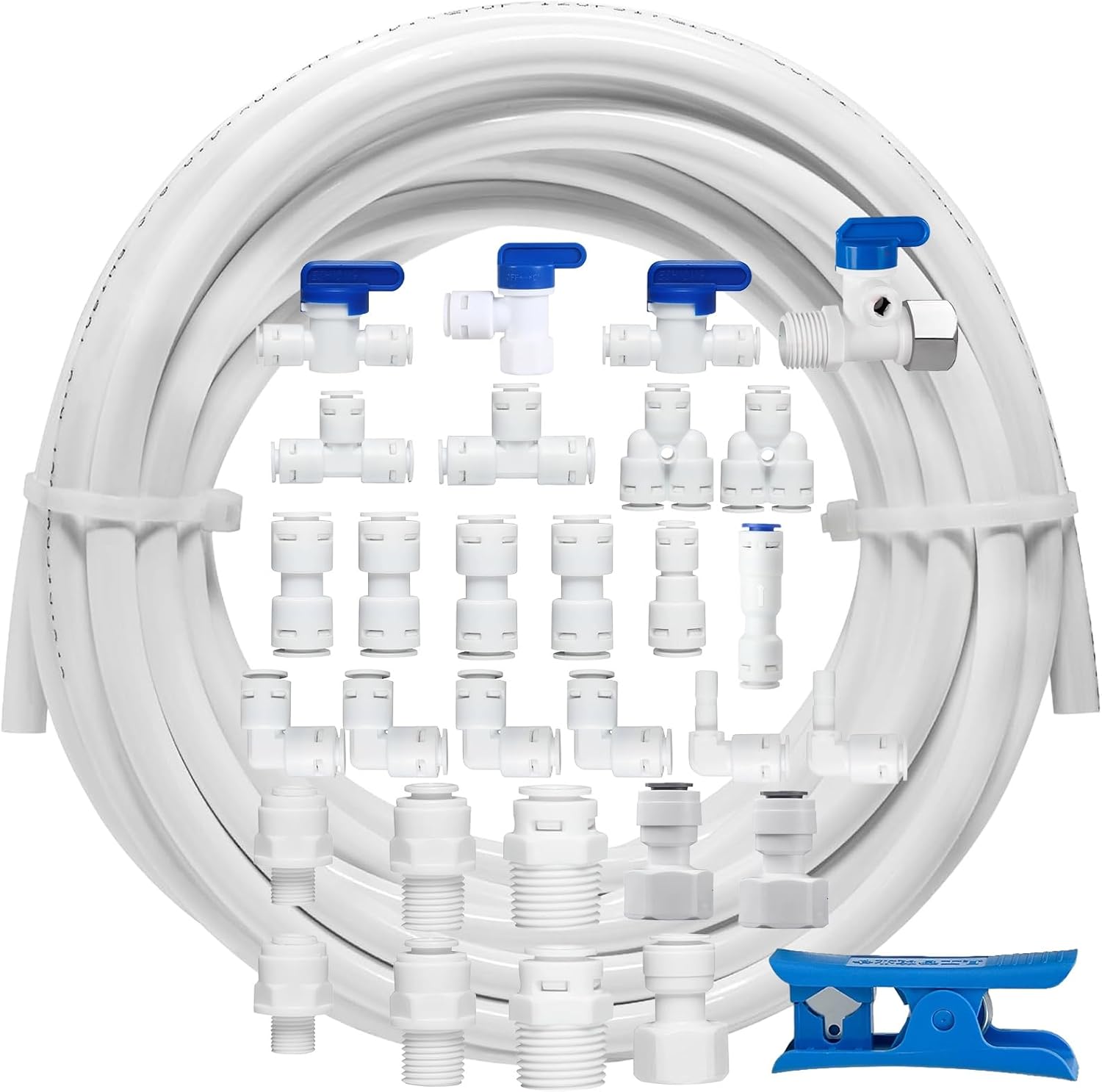 NSF Certified CCK Tubing 3/8" O.D. Push to Connect Fittings for RO (Reverse Osmosis)，White 3/8" RO Tubing with 30psc pipe fitting