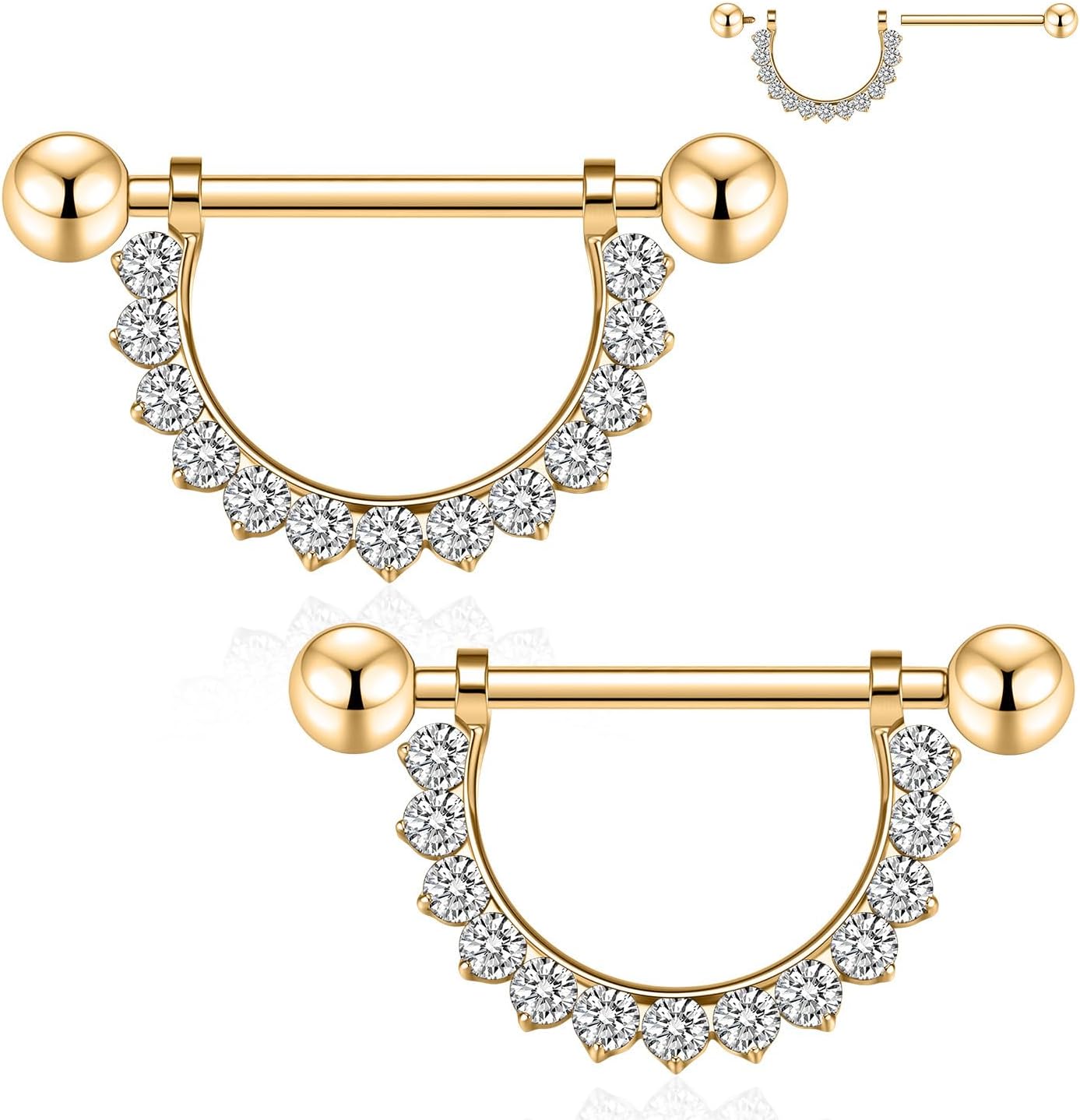 GAGABODY Pair G23 Titanium 14G Nipple Rings D-Shaped Internally Threaded Round Clear CZ Nipple Barbells Clicker Straight Nipple Bar for Women Men
