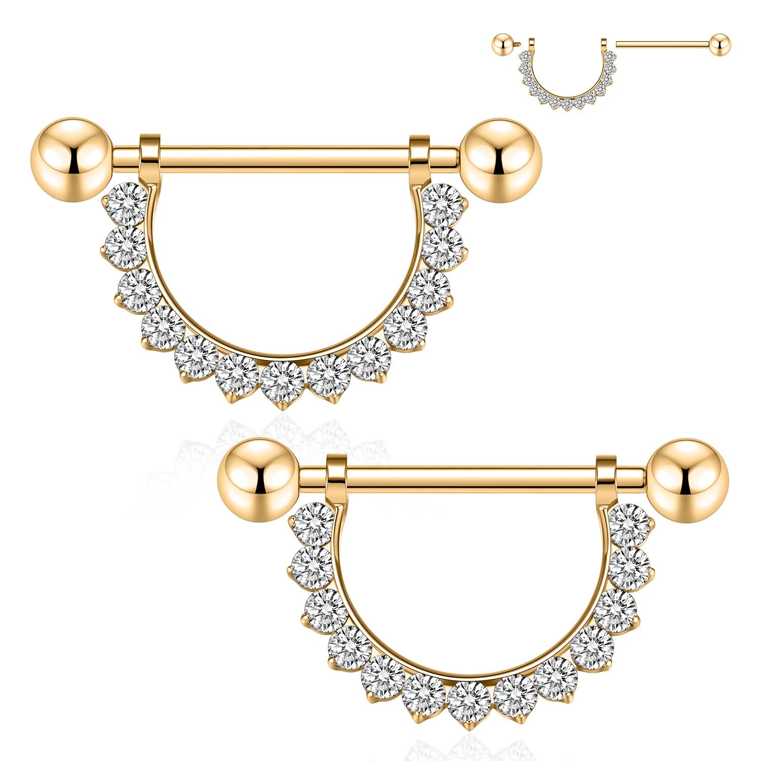 GAGABODY Paire d'anneaux de téton G23 en titane 14 G en forme de D filetés à l'intérieur ronds transparents CZ barre droite pour téton pour homme et femme