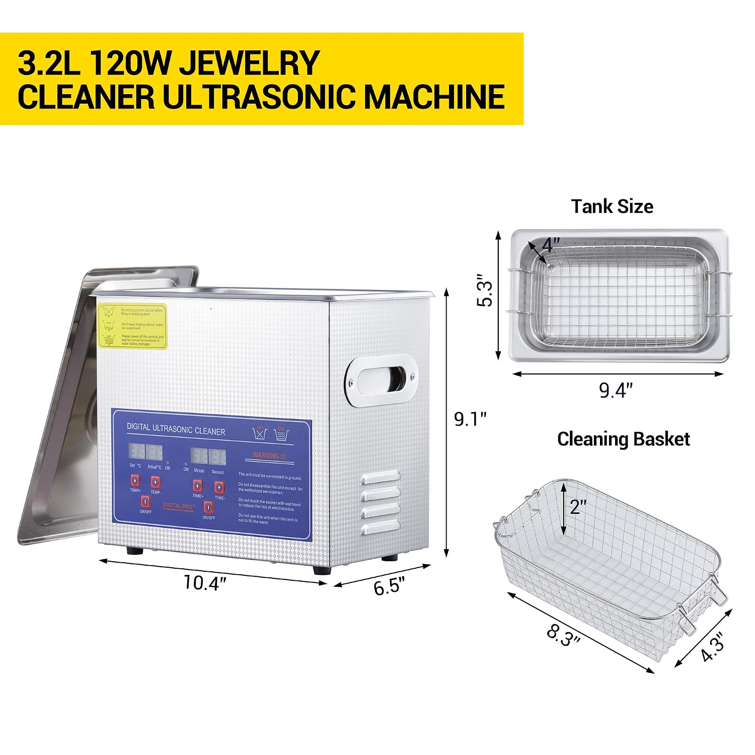 3.2L Ultrasonic Cleaner, Professional Ultrasonic Jewelry Cleaner with Digital Timer and Heater, 40kHz Stainless Steel Cleaning Machine for Glasses Watches Rings Dentures