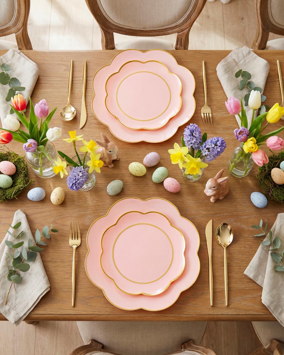 WONDERFUL 60pcs High-End Pink Plastic Plates - Disposable Heavy Duty Pink Plates with Gold Rim Plastic Disposable Plate for Party Wedding/Easter/Upscale Banquet Suitable for 30 Guests