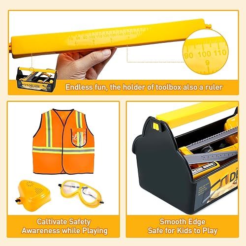 Vista 26 de Zealous - Banco de herramientas 3 en 1 para niños pequeños, 79 piezas, con caja de herramientas y taladro electrónico de juguete, juego