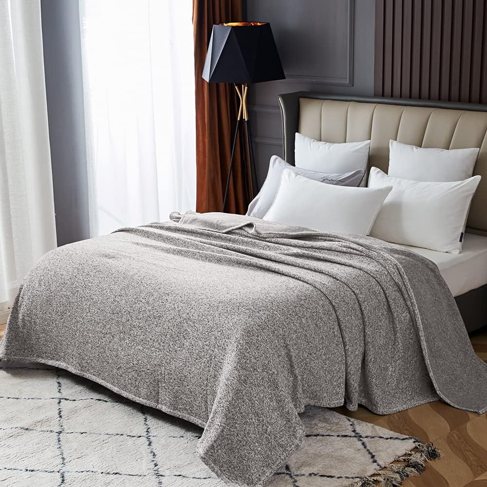 KAWAHOME Knit Blanket Lightweight Soft Breathable Cozy Fuzzy Heather Jersey Comfortable Thin Blanket 280GSM for Couch Sofa Bed, King Size 108"X90" (Grey and White) : Home & Kitchen