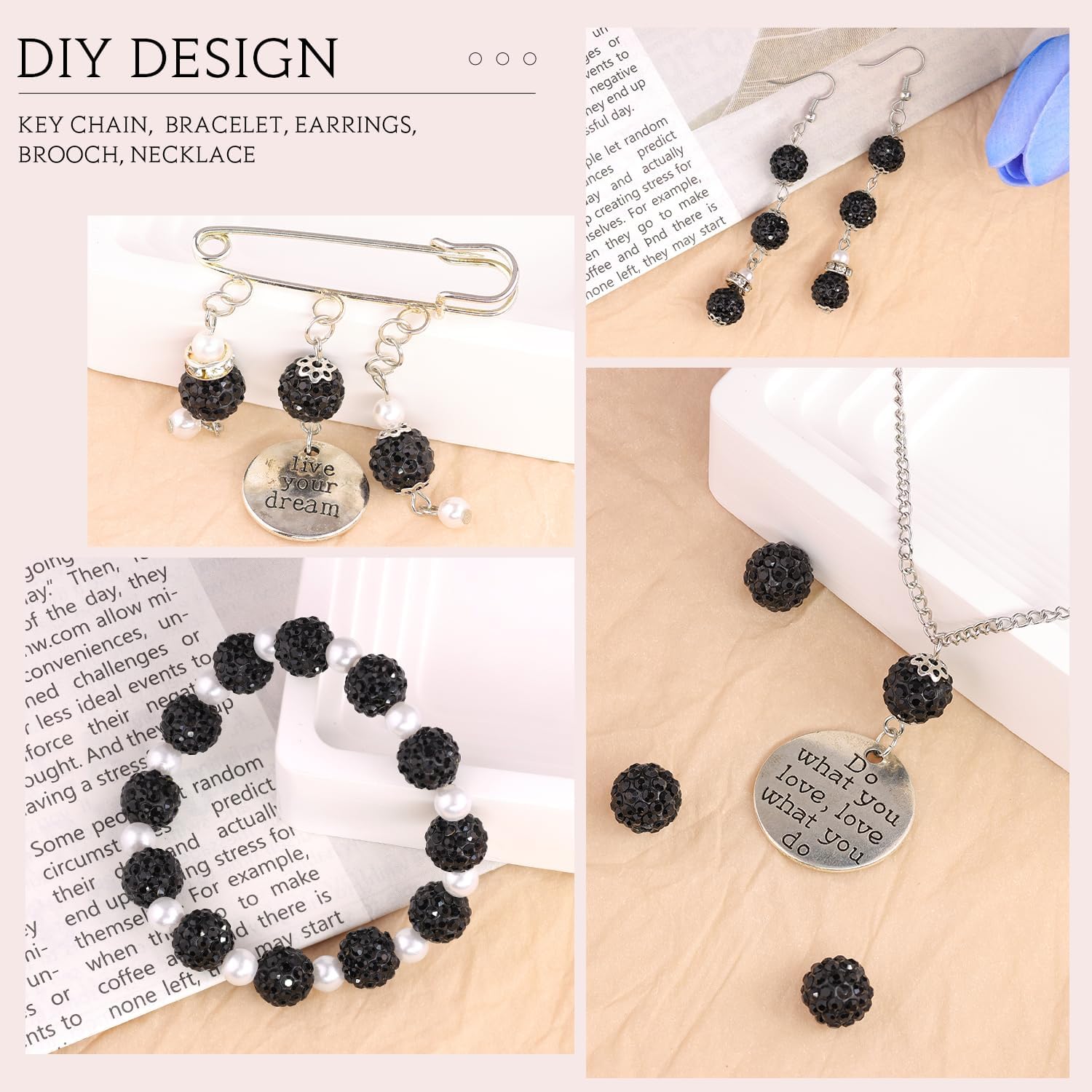 100 pcs 10mm Rhinestone Beads for Jewelry Making, Black Shiny Round Shamballa Disco Beads Bulk, Sparkle Crystal Clay Christmas for Bracelet Baseball Necklace Earring Crafting and DIY - Image 5