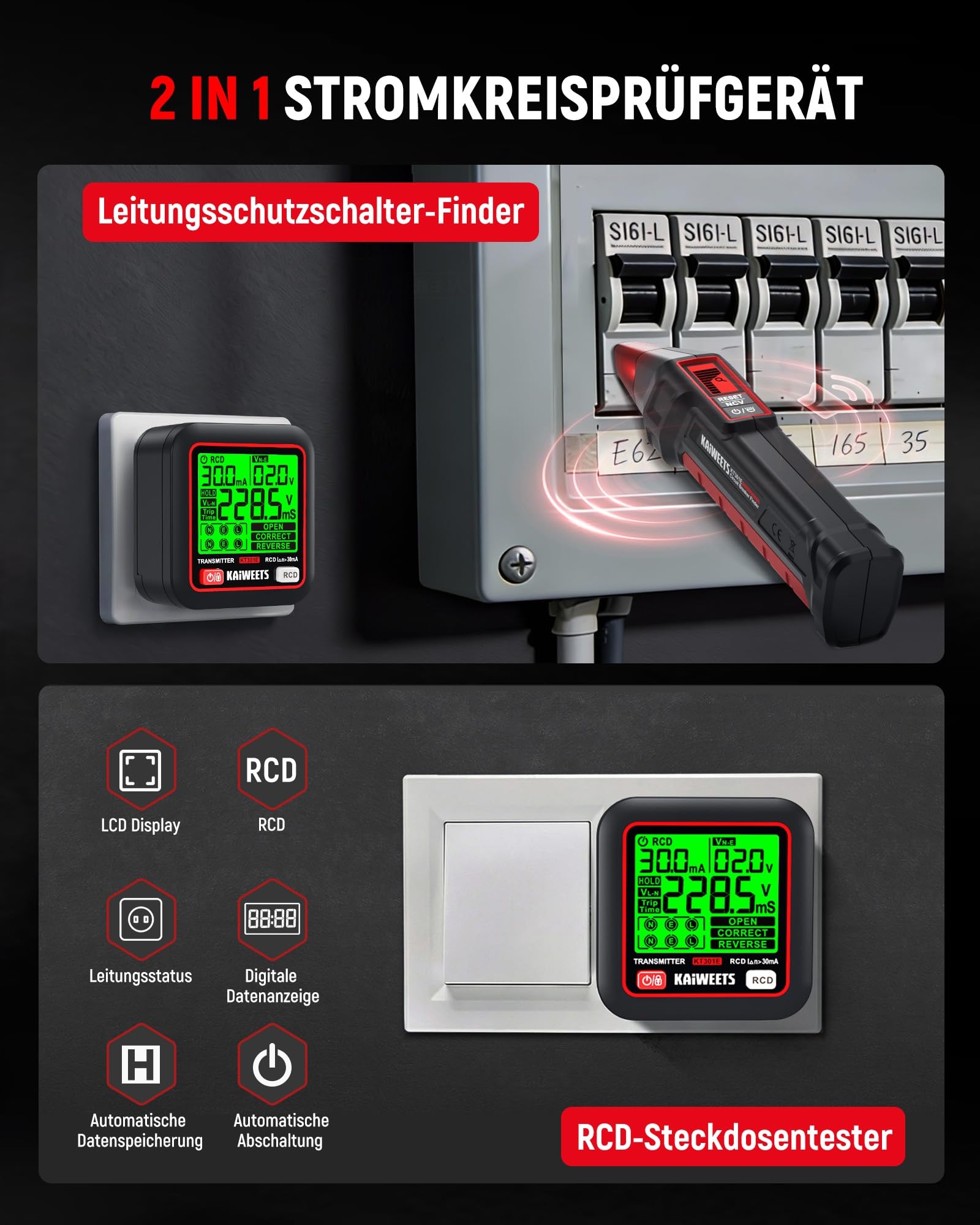 KAIWEETS Sicherungsfinder Set 2,2 Zoll LCD Steckdosentester RCD-Test Leitungssucher NCV LED-Taschenlampe
