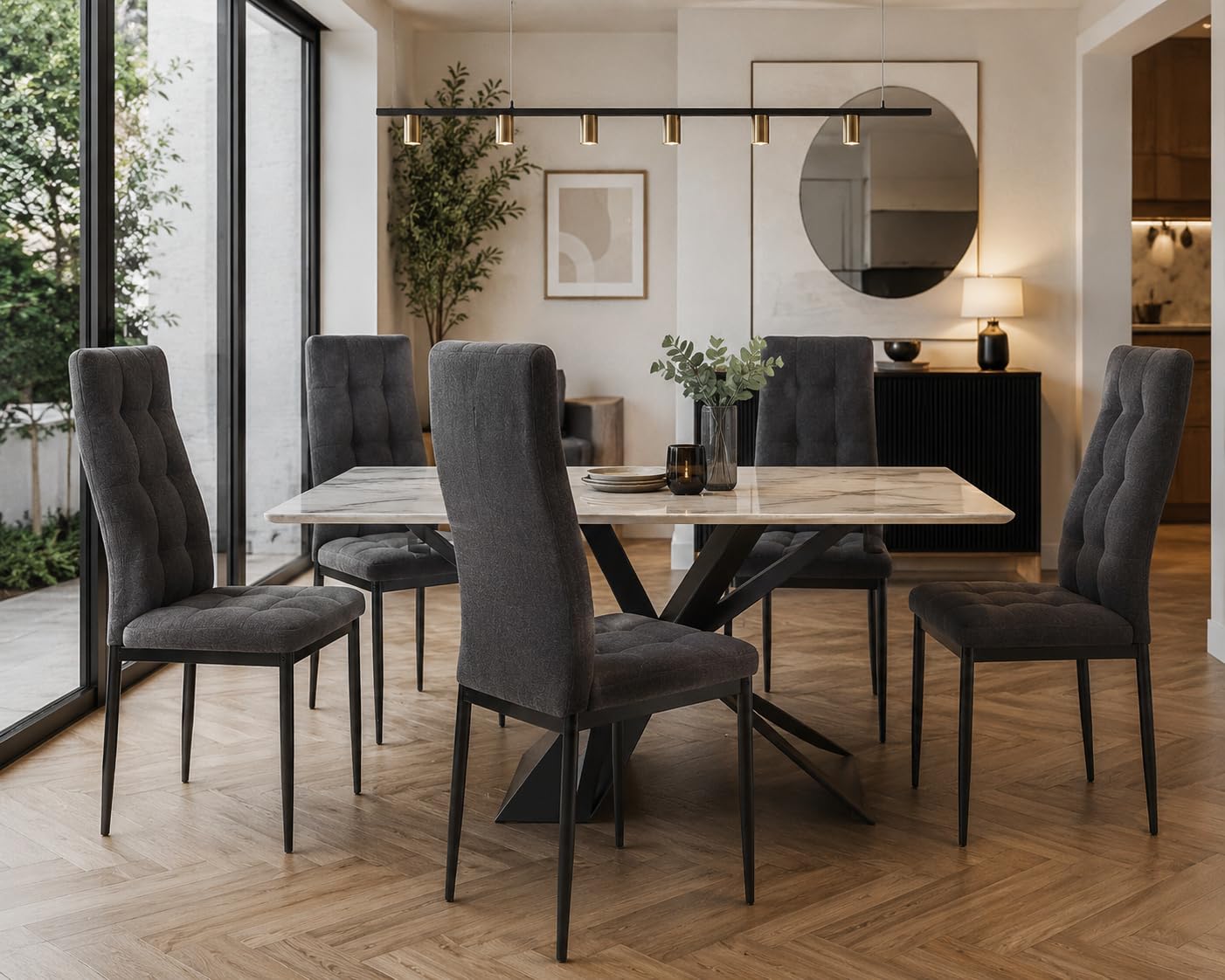 Pack 6 Sillas de Comedor Zuni, Color Gris, Tapizadas Capitoné | Sillas Estilo Moderno, Respaldo y Asiento Tapizado Capitoné, Patas metálicas | Sillas Estilo Moderno, Respaldo y Asiento Tapizado Capitoné, Patas metálicas