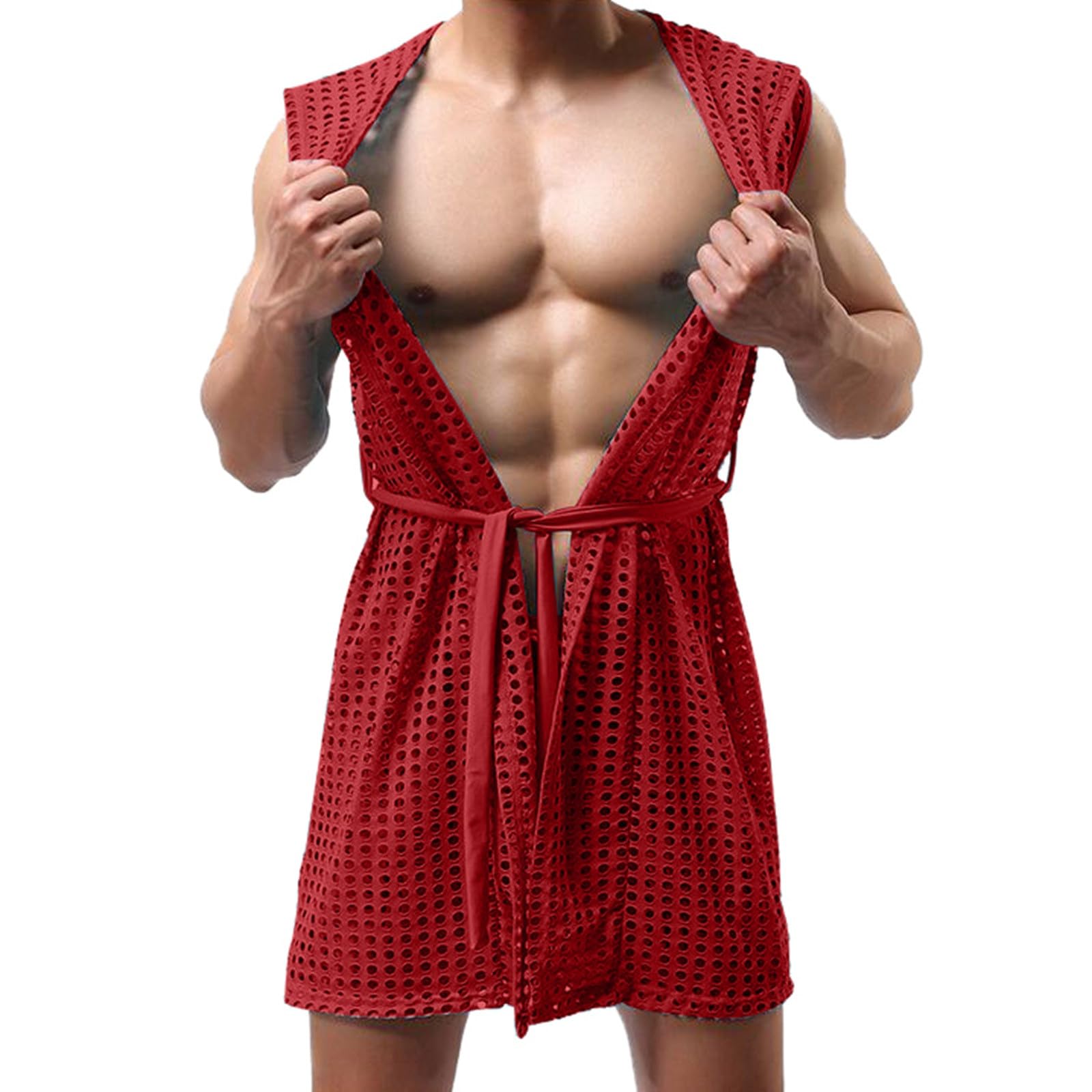 Men's Exotic Hollow Mesh Bathrobe Sexy Cardigan Shawl Top Fashionable Loungewear for Nights