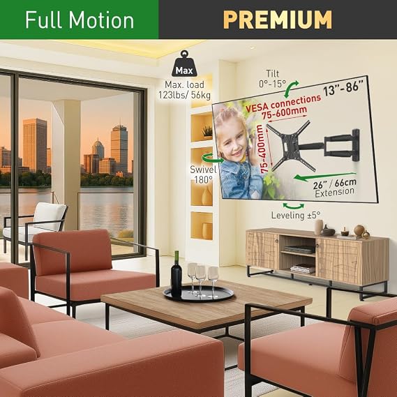 Barkan 26 / 66cm Long TV Wall Mount, 13-83 inch Full Motion Articulating - 4 Movement Premium Flat/Curved Screen Bracket, Holds up to 95lbs, Extremely Extendable, Fits LED OLED LCD