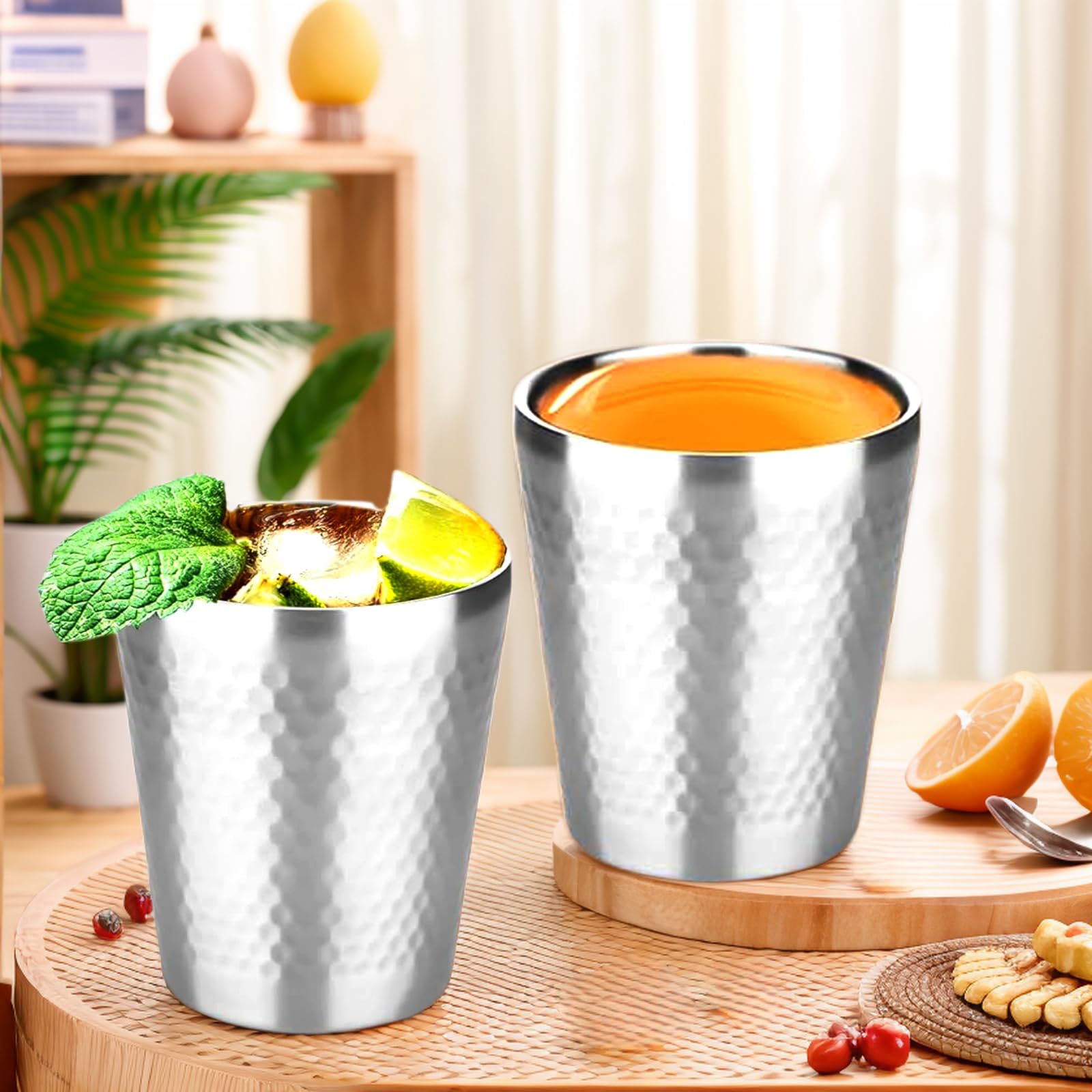 2 Piezas Vasos Acero Inoxidable 260 ml, Tazas de Metal Reutilizables, Taza Camping de Metal de Pulido Martillado, Apilable y Reutilizable Para Caminatas, Campamentos y Festivales De Fiesta