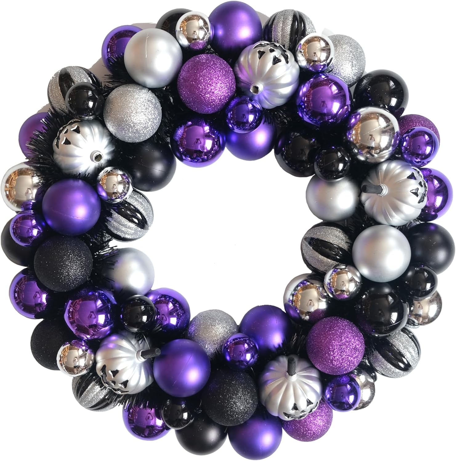Halloween Ball Wreath for Front Door, Fall 20 Inch Sliver Purple Black Color Large Ball Wreath for Indoor Outdoor, Halloween Door Home Decor