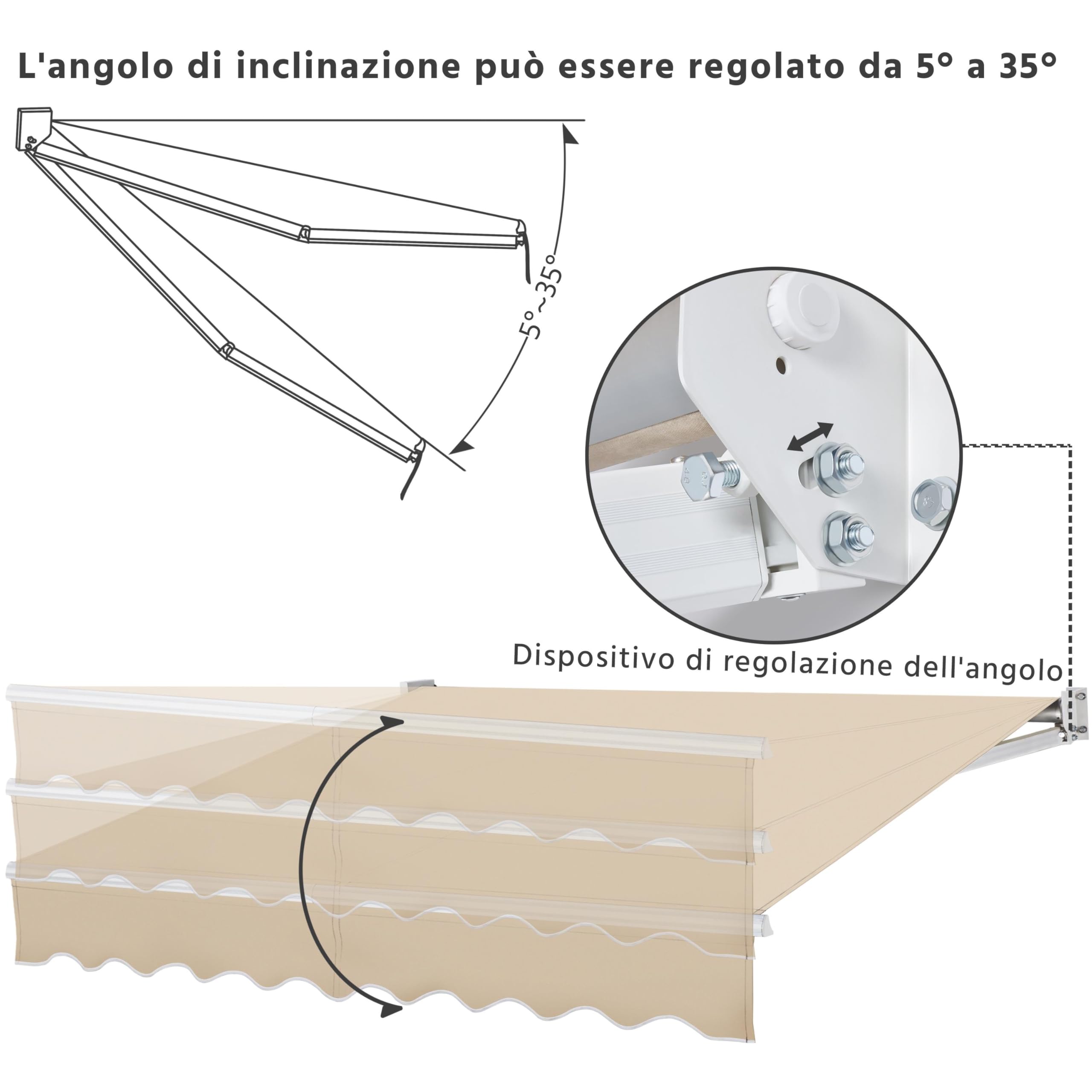 Tenda da Sole per Esterno Balcone a Bracci Estensibili Avvolgibile Retrattile con Manovella Regolabile Telaio Aste Telescopiche 250 x 200 cm Beige