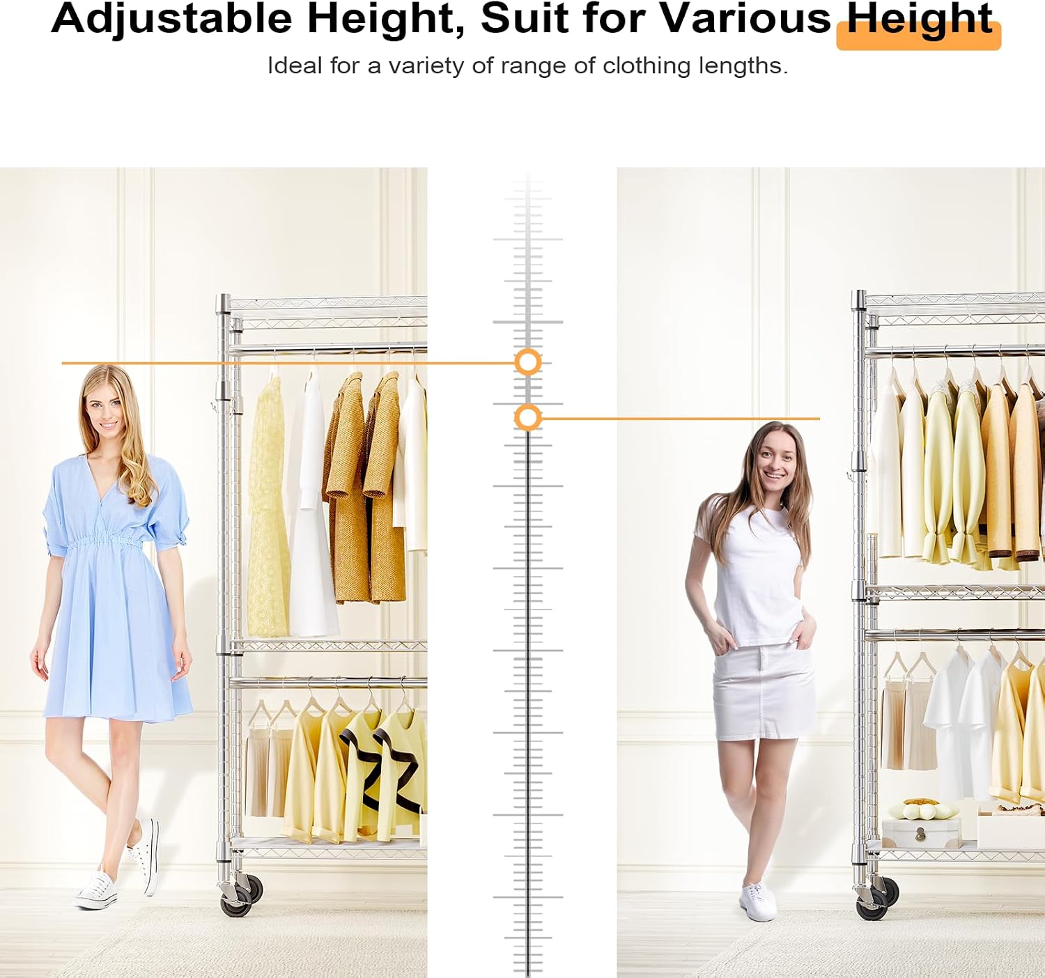 M MZG Heavy Duty Rolling Garment Rack 3 Tiers Adjustable Wire Shelving Clothes Rack with 2 Rods and Side Hooks,Storage Closet Clothing Rack with Wheels Chrome 15.7" D x 29.5" W x 74.5" H