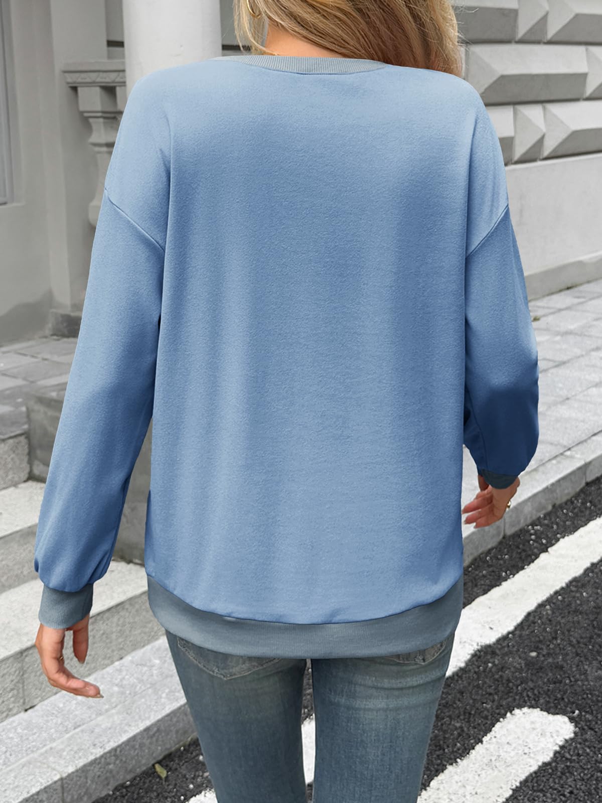 Fisoew Felpa da donna con scollo rotondo, a maniche lunghe, casual, a maniche lunghe, con orlo a coste