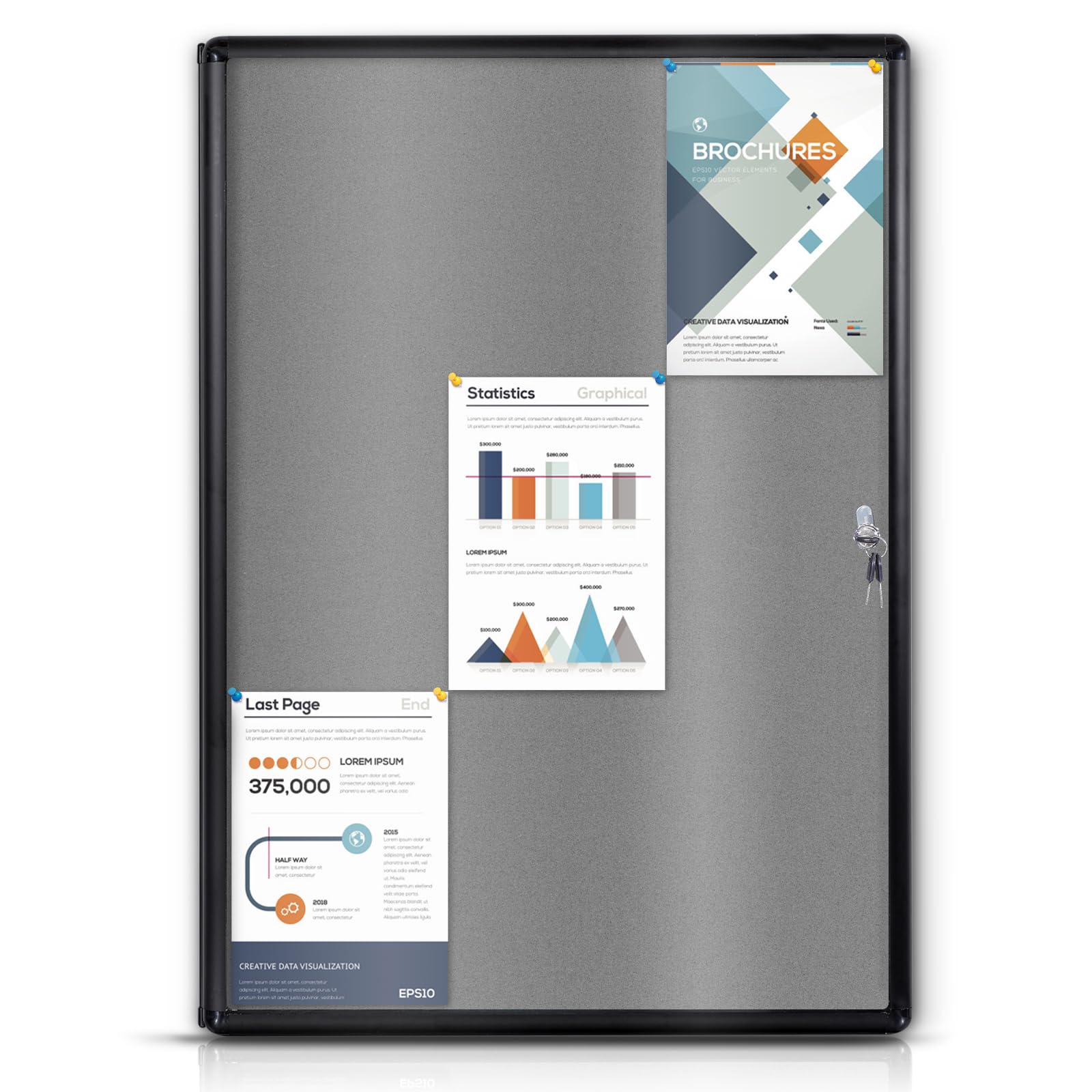 EVERSUPPLY Enclosed Bulletin Board Lockable Display Case Message Board with Locking Door for Indoor, Grey Felt, Black Aluminum Frame, 38 X 28 in