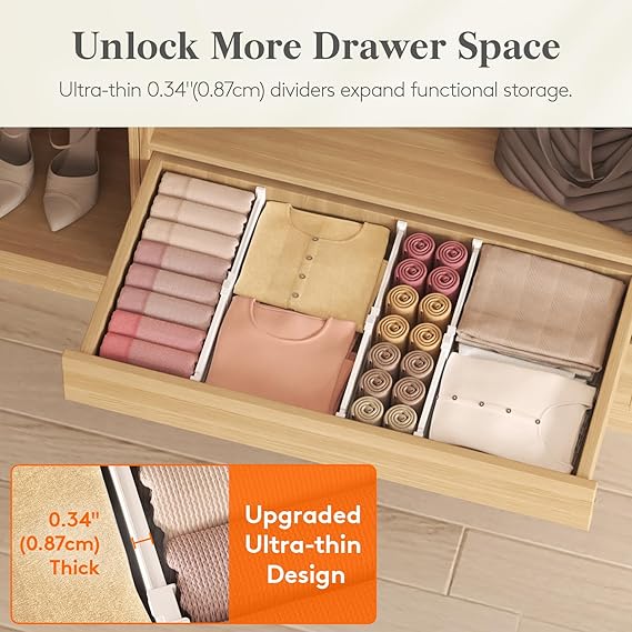 Lifewit Drawer Dividers for Clothes, 3.2 High 10.5-16.5 Expandable Dresser Drawer Organizers, Adjustable White Plastic Separators for Kitchen, Cabinet, Nursery, Socks & Underwear Storage, 4 Pack