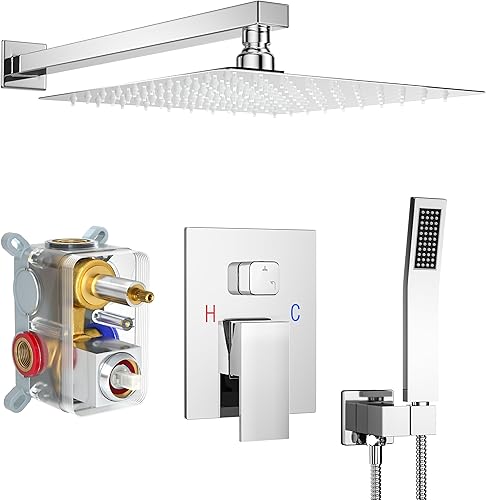 Juego de grifo de ducha de 12 pulgadas, sistema de ducha de lluvia con cabezal de ducha de lluvia fijo cuadrado y cabezal de ducha de mano de alta