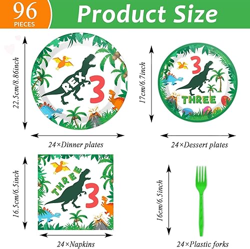 Miniatura 2 de 96 piezas de dinosaurios 3er cumpleaños suministros para 3 cumpleaños Rex juego de vajilla 3 T-Rex platos desechables 3 años de edad, platos