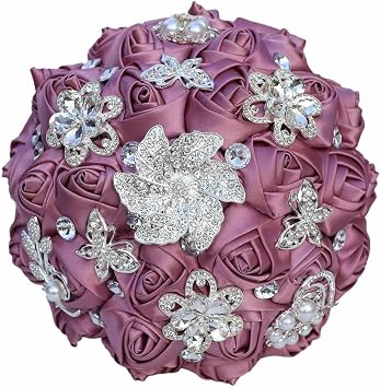 Handmade Round Silk Bridal Bouquet with Ribbon Pearls Rhinestone Satin Rose Artificial Flowers Toss Bouquet for Bride Bridesmaid Wedding QuinceaneraEggplant Purple,8.3"