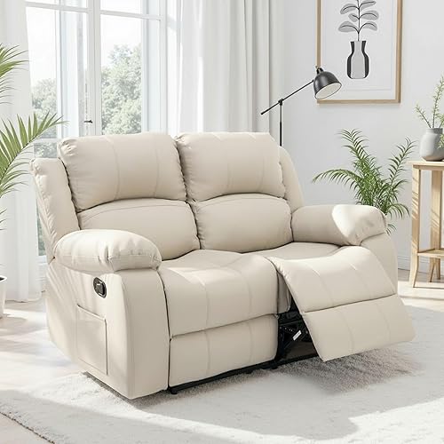 Manual Loveseat Recliner Sofa with Overstuffed Arms Leather Double Recliner Sofa with Side Pocket 2 Seat Reclining Sofa Chair for Living Room Meeting Room Bedroom Office Apartment RV