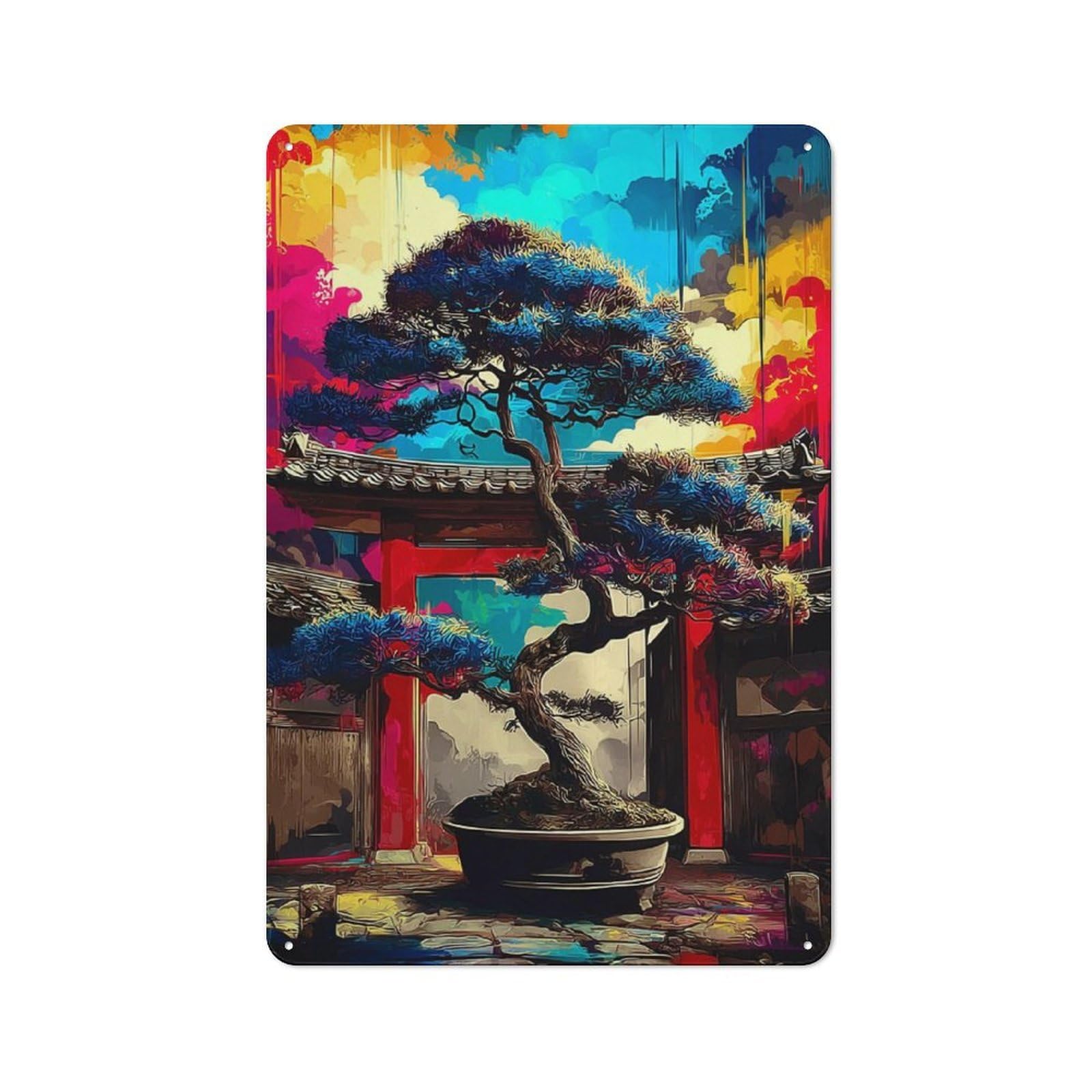 Colorful Bonsai in Traditional Setting Decorative Metal Plaque 30x20cm, Garage Style Shed Wall Plaque for Workshop, Basement, Shed Or Games Room