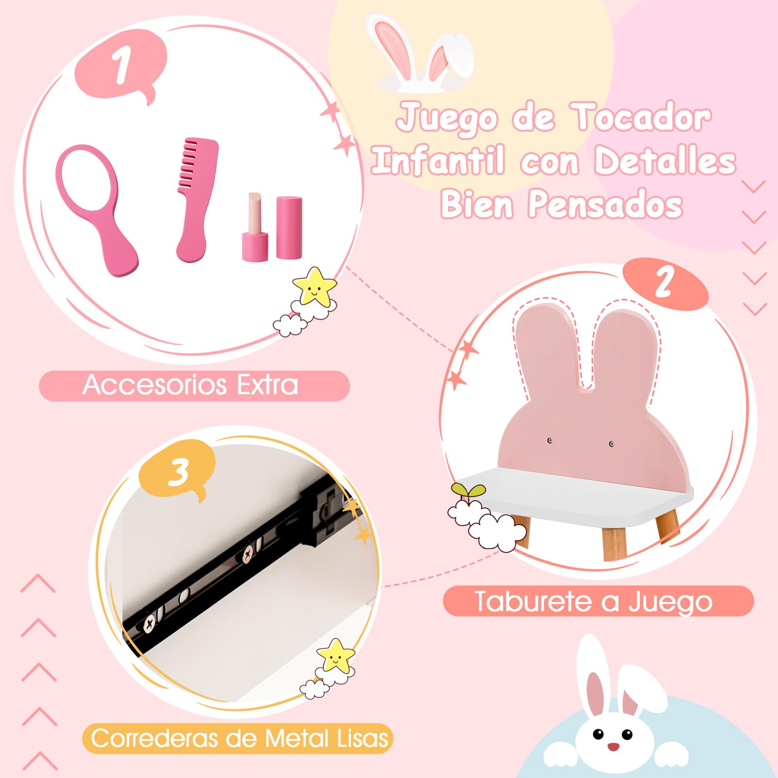 COSTWAY Tocador de Maquillaje de Princesa para Niña, Juego de Mesa y Silla, Escritorio Espejo 2 en 1 para, 2 Cajones y Estante, Juego de Tocador con Patas de Madera Maciza (Rosa)
