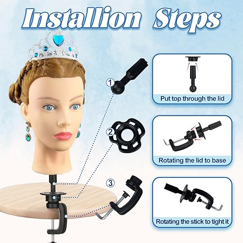 Miniatura 8 de Firstwon Cabeza de maniquí de cabello humano - Cabeza de muñeca de maniquí de cosmetología con 80% cabello real para peluquería, práctica de