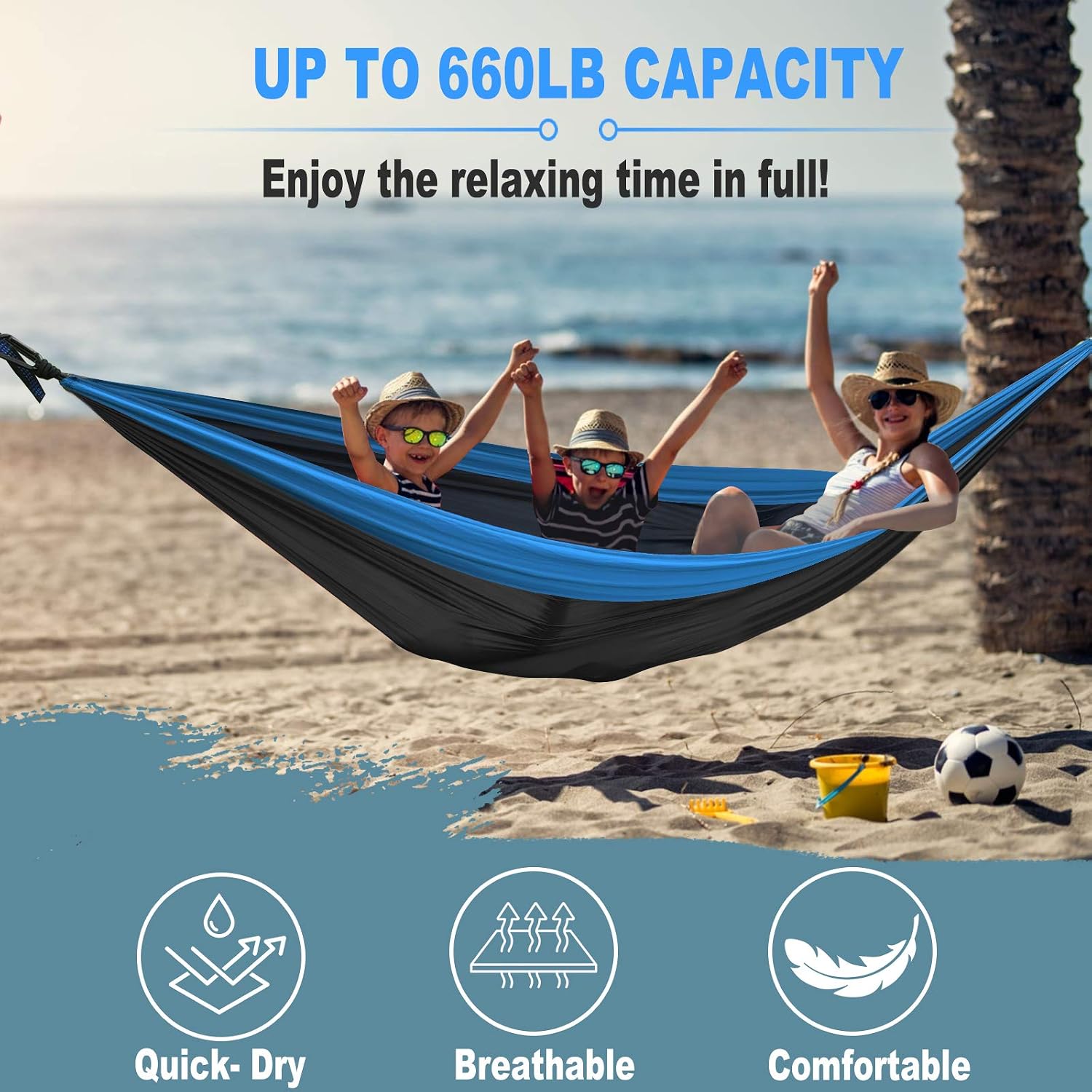 WOVUU Hammock,Camping Hammock Double for Tree, Travel Portable Lightweight Hammock with Tree Straps,Carabiners,Parachute Nylon Hammocks for Camping,Traveling Backpacking,Hiking (Gray&Blue)