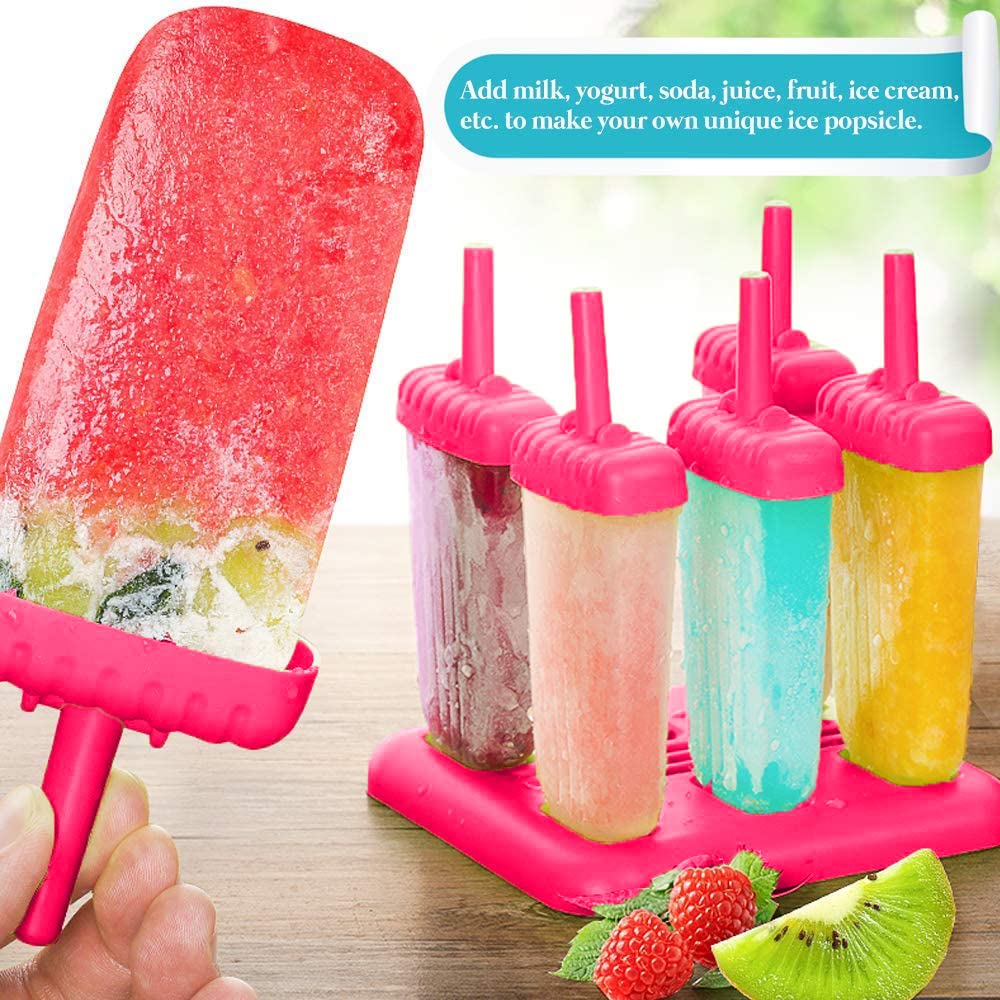 KARP Set of 6 Plastic Reusable Ice Pop Makers, Homemade Popsicle Frozen Ice Cream Moulds Tray Kulfi Candy Ice Lolly Mold for Children & Adults - Pink Color, 14L x 14.8W x 16.5H Cm 2