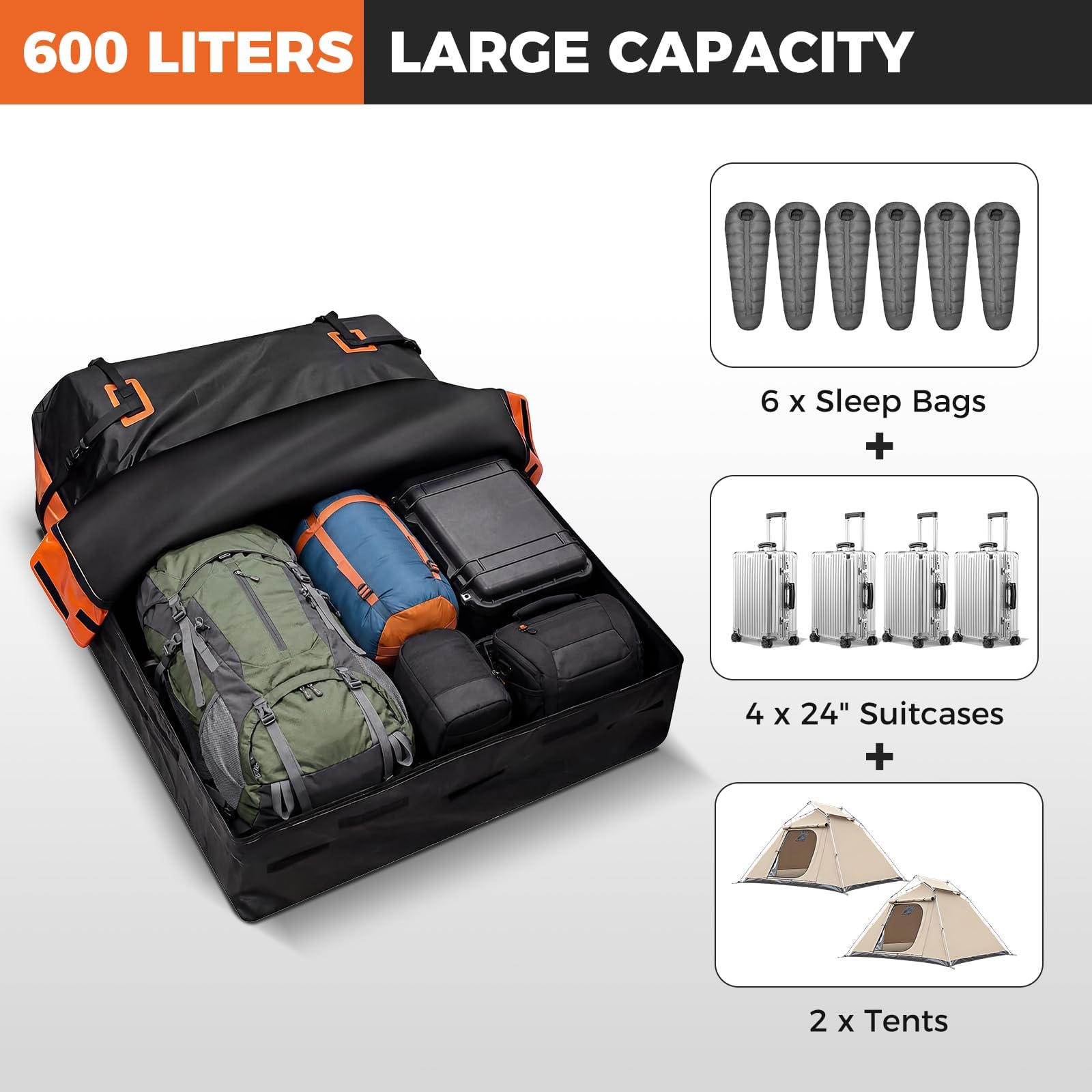FANTASK 600 L Auto Dachbox, Dachtasche wasserdicht mit Anti-Rutsch-Matte, 6 Türhaken, Schloss & Tragetasche, XXL Gepäckträger, tragbare Gepäckbox für Autos mit/ohne Gepäckträger (Orange)