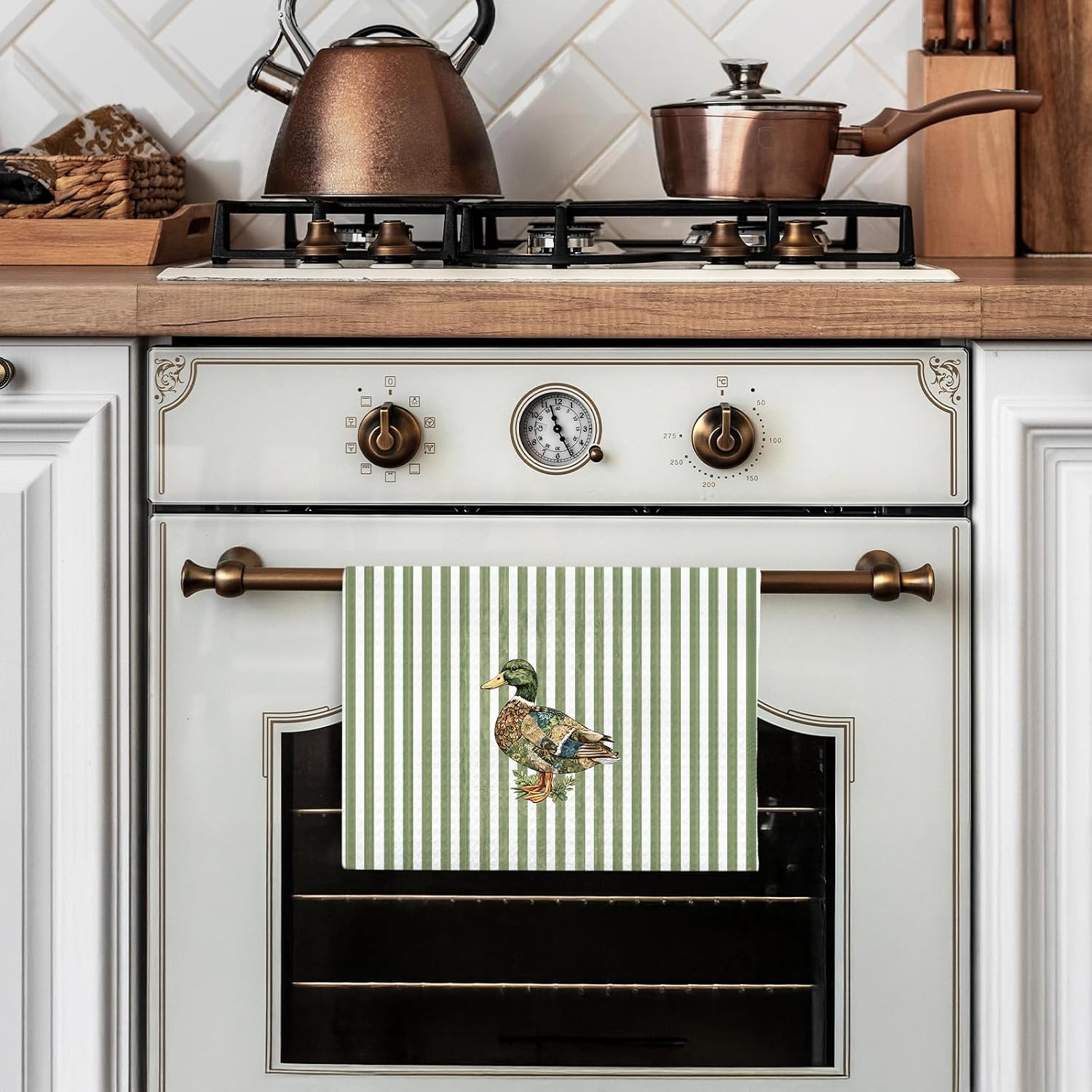 Green Striped Mallard Duck Kitchen Dish Towels, Gifts for Duck Lovers, Rustic Botanical Floral Mallard Decorative Hand Tea Towels for Kitchen Bathroom, 16x24 Inch