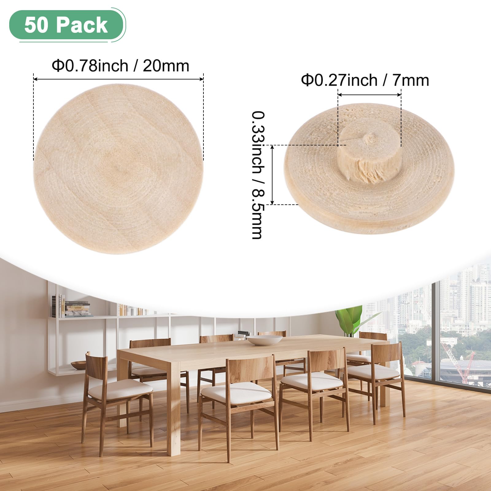 M METERXITY 50-Pack Wood Plugs for Screw Holes 20 x 7mm Beech Button Wood Top Plugs for Furniture/Stair/Chair/Craft - Image 3