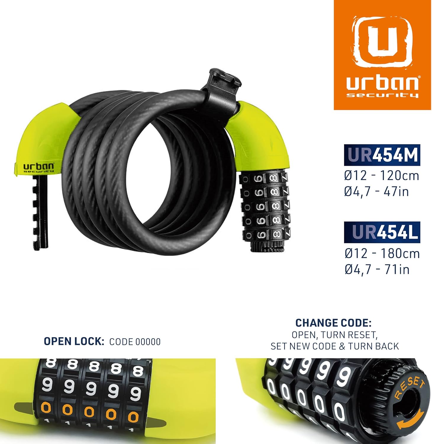 Urban Unisex's UR454L Bike Lock with Combination Flexible Steel Cable Ø12, 180cm with Security Code Anti-Theft Bicycle Resistant Compact Easy Transport, Black