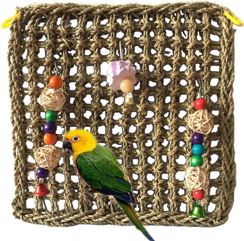 PINVNBY Bird Foraging Wall Toy Parrot Chewing Hanging Hook Toys Seagrass Woven Climbing Hammock Mat with Beak Grinding Stone for Birds…