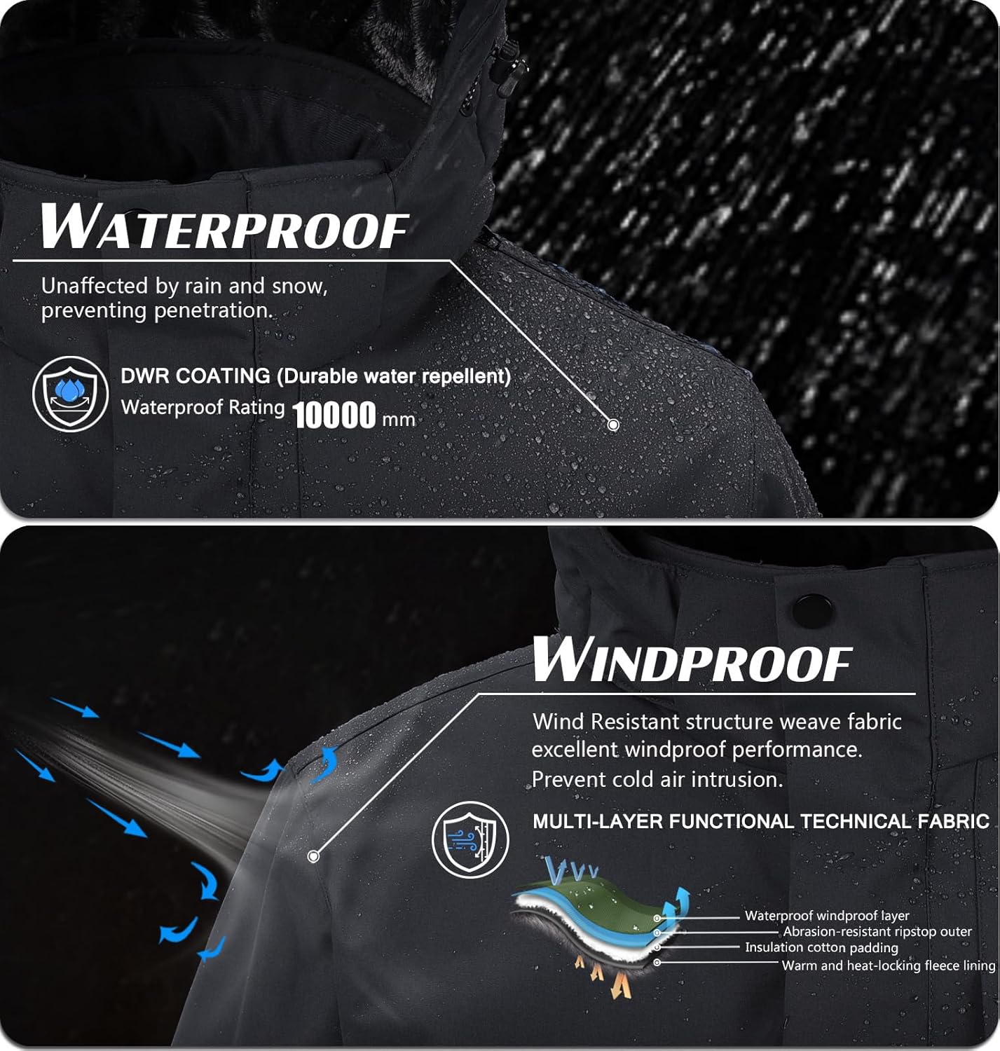 Mens Skiing Jackets Winter Waterproof Snow Jackets Fleece Lined Insulated Heavy Parka Jackets Coats with Hoode - Image 2