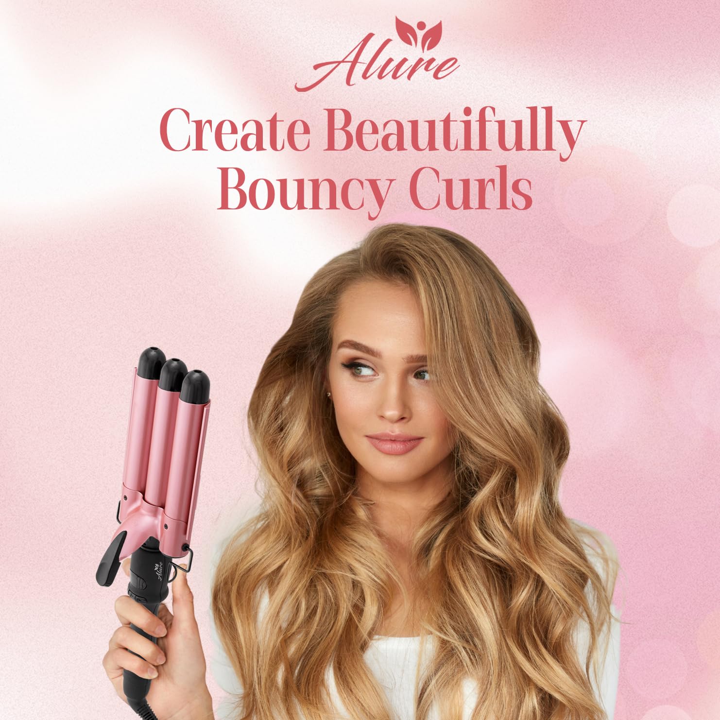 Alure Three Barrel Curling Iron Wand Hair Waver with LCD Temperature Display - 1 Inch Ceramic Tourmaline Triple Barrels, Dual Voltage Crimp (Rose Gold) - Image 2