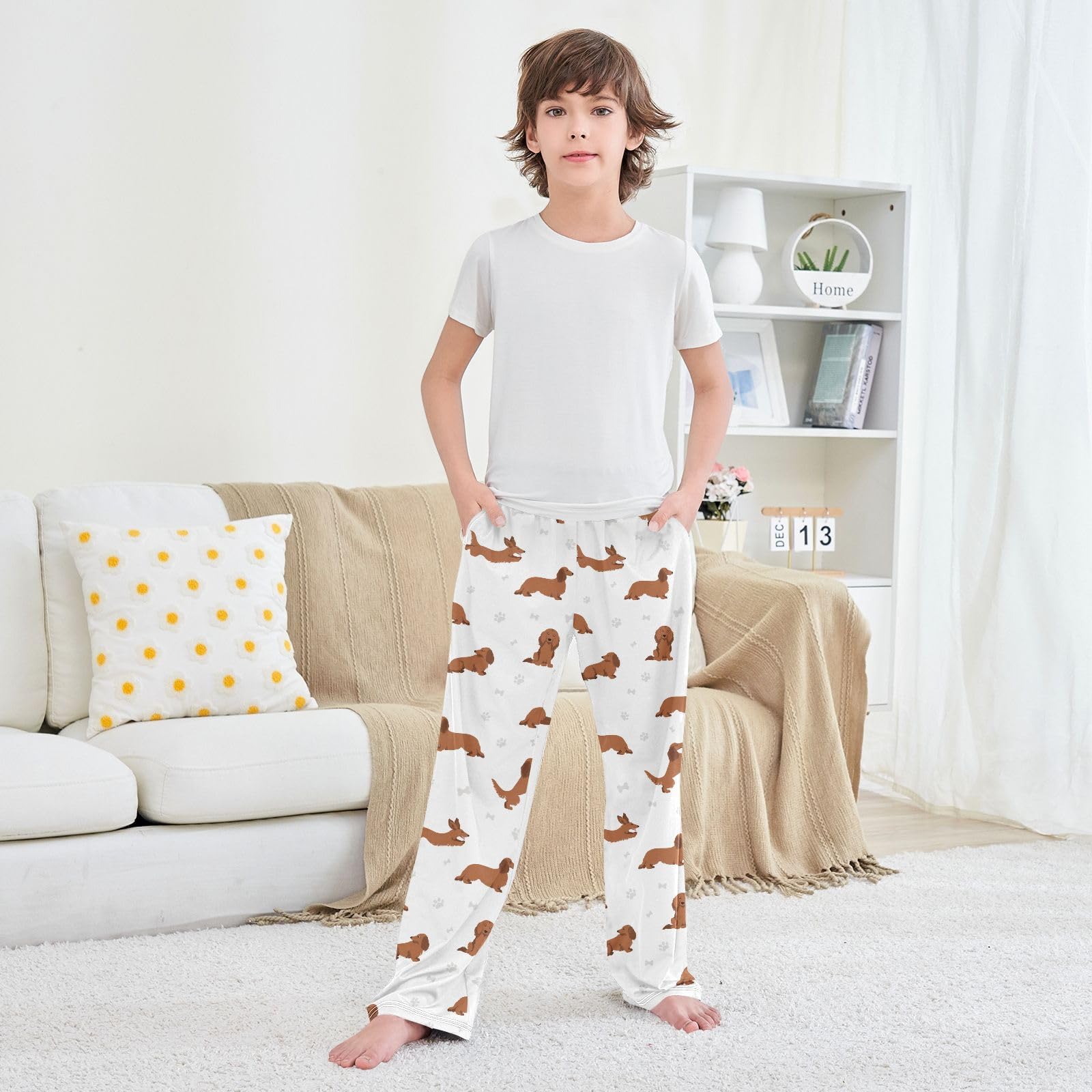 Schlafanzug für Jungen, Dackel, langhaarig, nahtloses Muster, Kinder-Schlafanzug, Nachtwäsche, Lounge-Hose, Größe S