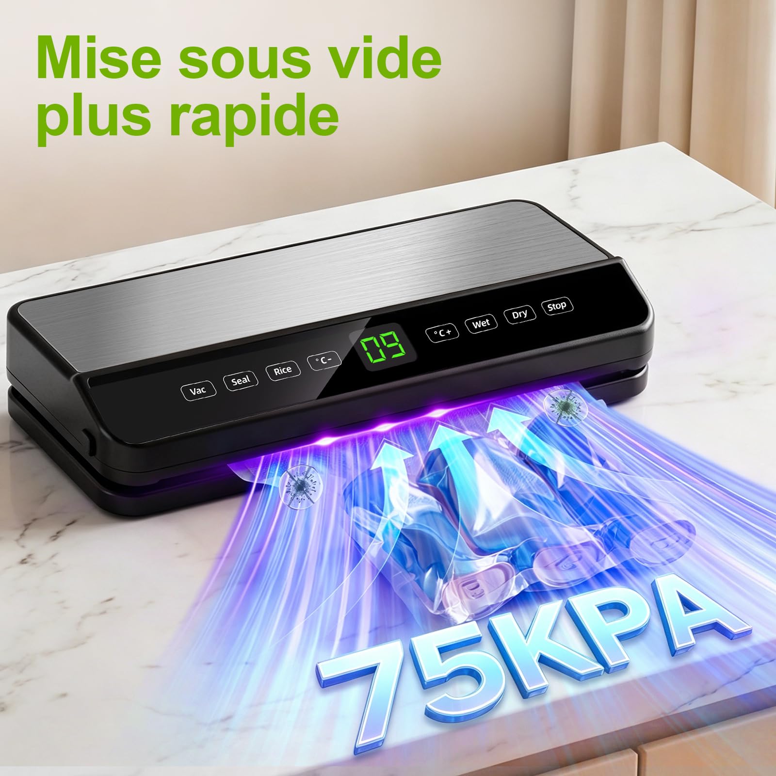 Machine Sous Vide Alimentaire, Automatique Secs et Humides Appareil de Mise Sous Vide, Machine vide Appareil Professionnel avec Cutter intégré, 20 sacs sous vide, 1 sac enroulable et Tube Sous Vide
