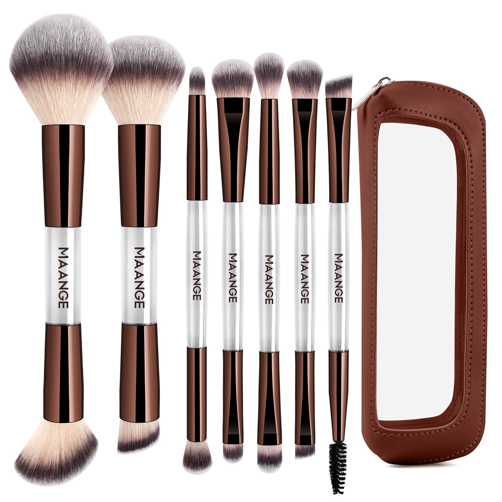 MAANGE Set di 7 pennelli per fondotinta con borsa, pennelli da trucco, pennello per ombretto, correttore, pennello a doppia punta, per fondotinta, contouring, cipria, fard, set professionale di