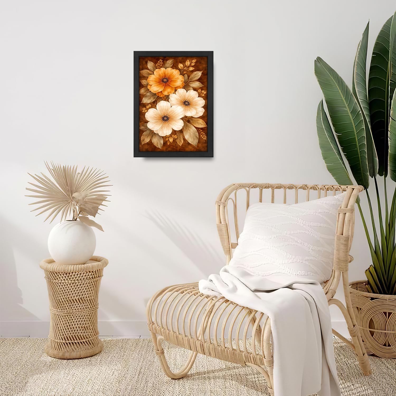 Boho Floral Wall Art Mid Century Modern Flower Canvas Wall Decor Bohemian Pictures Paintings Prints Artwork Framed Decorations For Bathroom Bedroom Living Room Office Gifts 12" x 16"