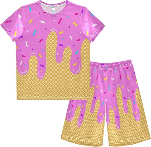 Exnundod Boy's Shorts Set Pink Ice Cream Summer Casual Outfit Waffle Or Cone T-S