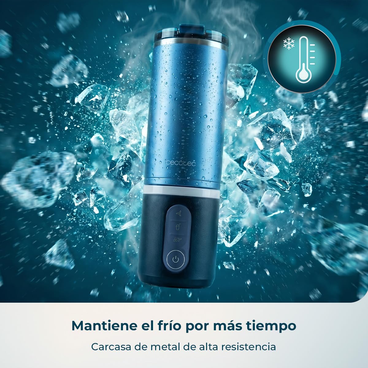 Cecotec Batidora de Vaso Portátil con 11,1V Power Titanium Shake2Go Lagoon Steel. 180W, Vaso Metal 600ml Libre BPA, 3 Programas Automáticos, Carga USB-C, Bebidas Frías por Más Tiempo